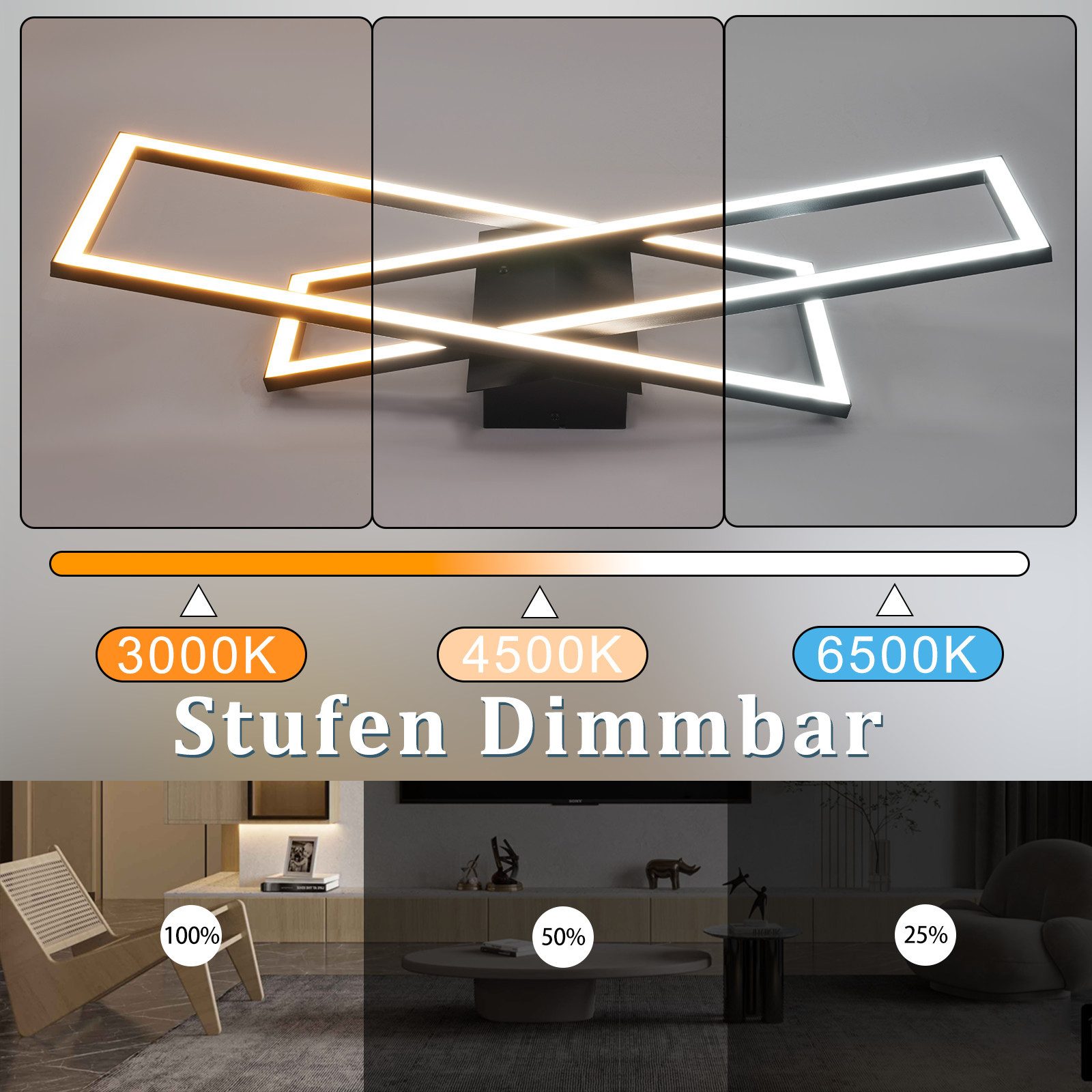 Nettlife LED Deckenleuchte Schwarz Eckig Wohnzimmer Dimmbar Modern 36/45W m günstig online kaufen