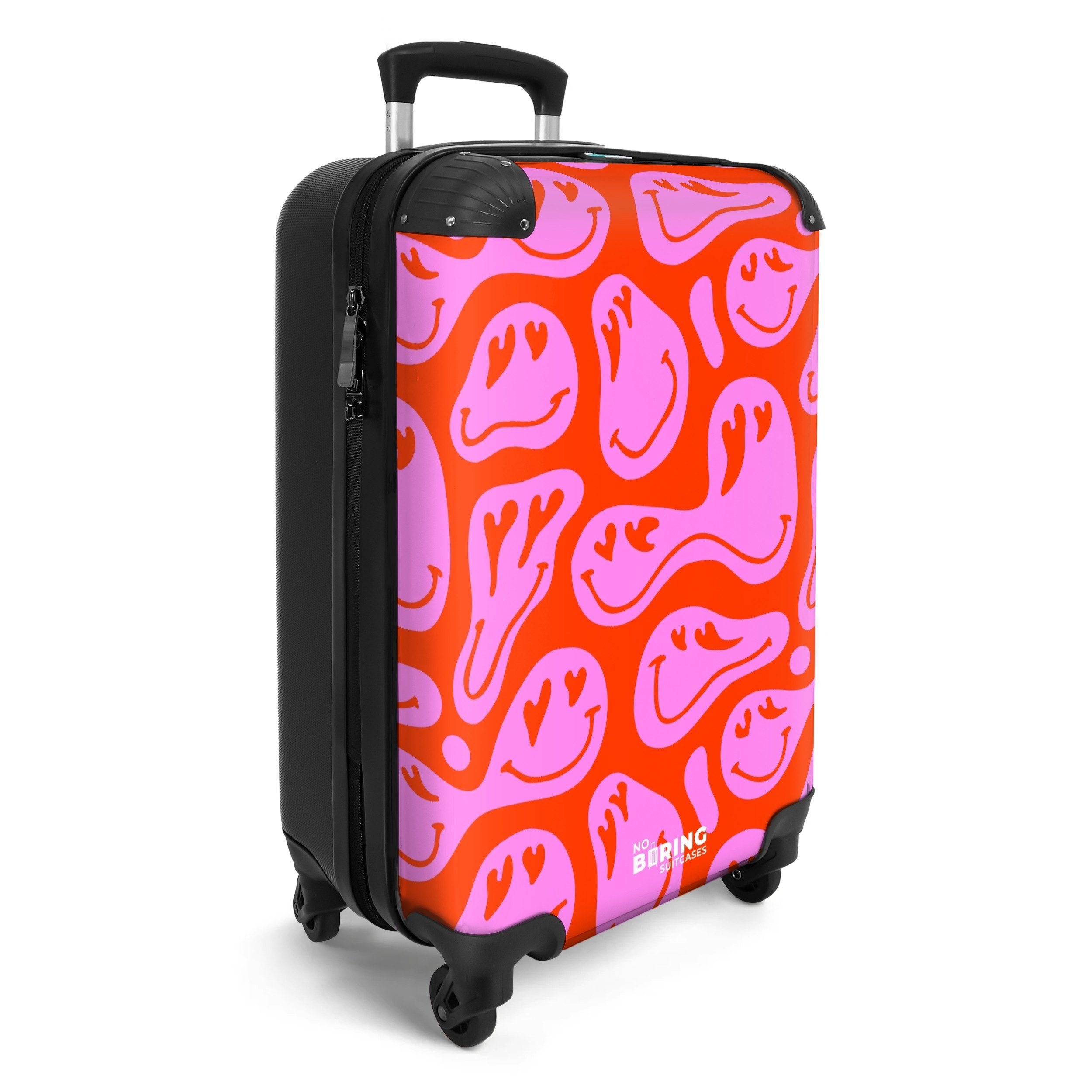 NoBoringSuitcases.com© Hartschalen-Trolley Abstrakte Smiley-Figuren mit Herzaugen auf rot und rosa 55x35x20cm, 4 Rollen, Handgepäck Koffer & Trolleys, Luggage, Reisekoffer Frauen