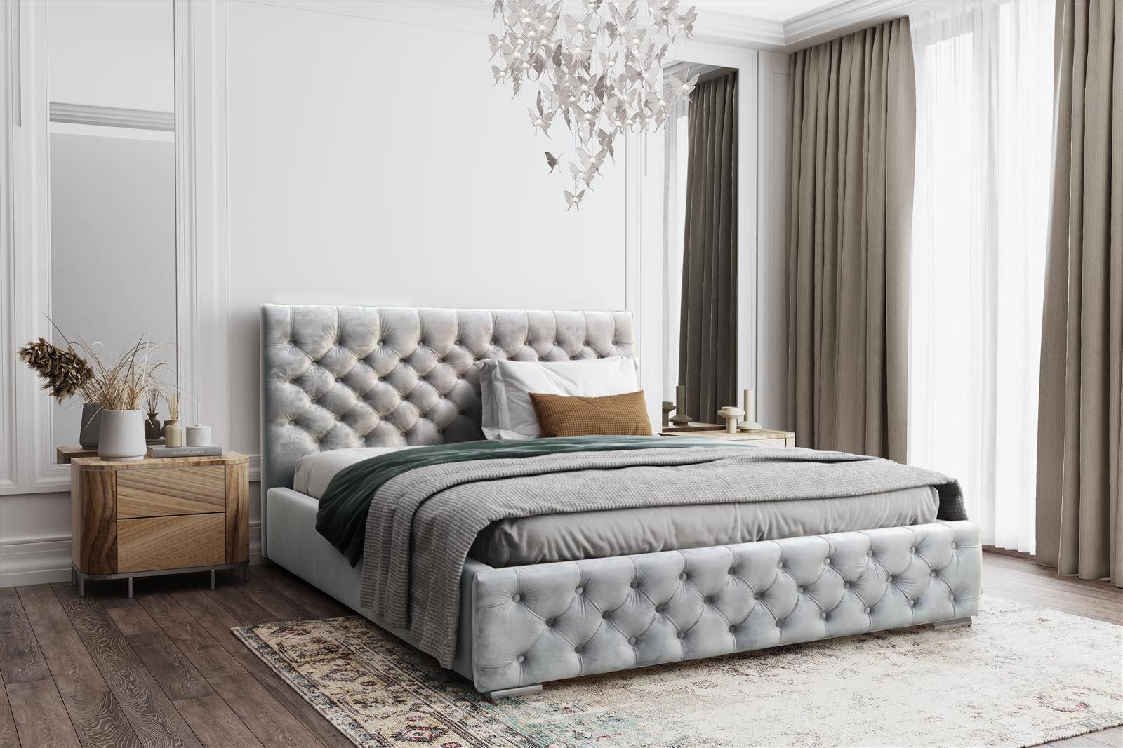 VIVENTE Möbel Polsterbett WINDSOR Samtstoff Bezug, exklusive Chesterfield Steppung, Bettkasten (Breiten 120/140/160/180/200 cm), inkl. Holz-/ Metall Rahmen Lattenrost