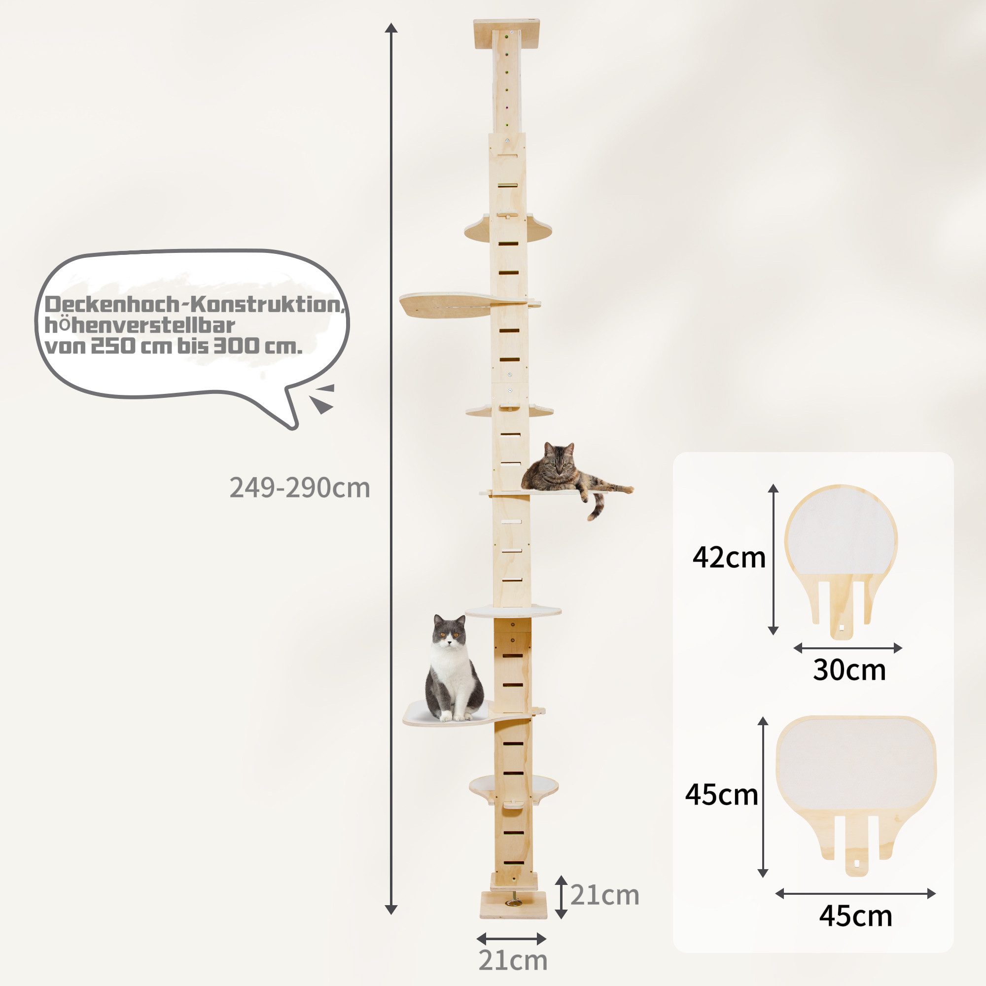 FURPAL Kratzbaum Natürliches 7-Ebenen Holz-Kletterparadies für aktive Hauskatzen, aus Fichten-MDF-Platten, Von 250 cm auf 291 cm anpassbar