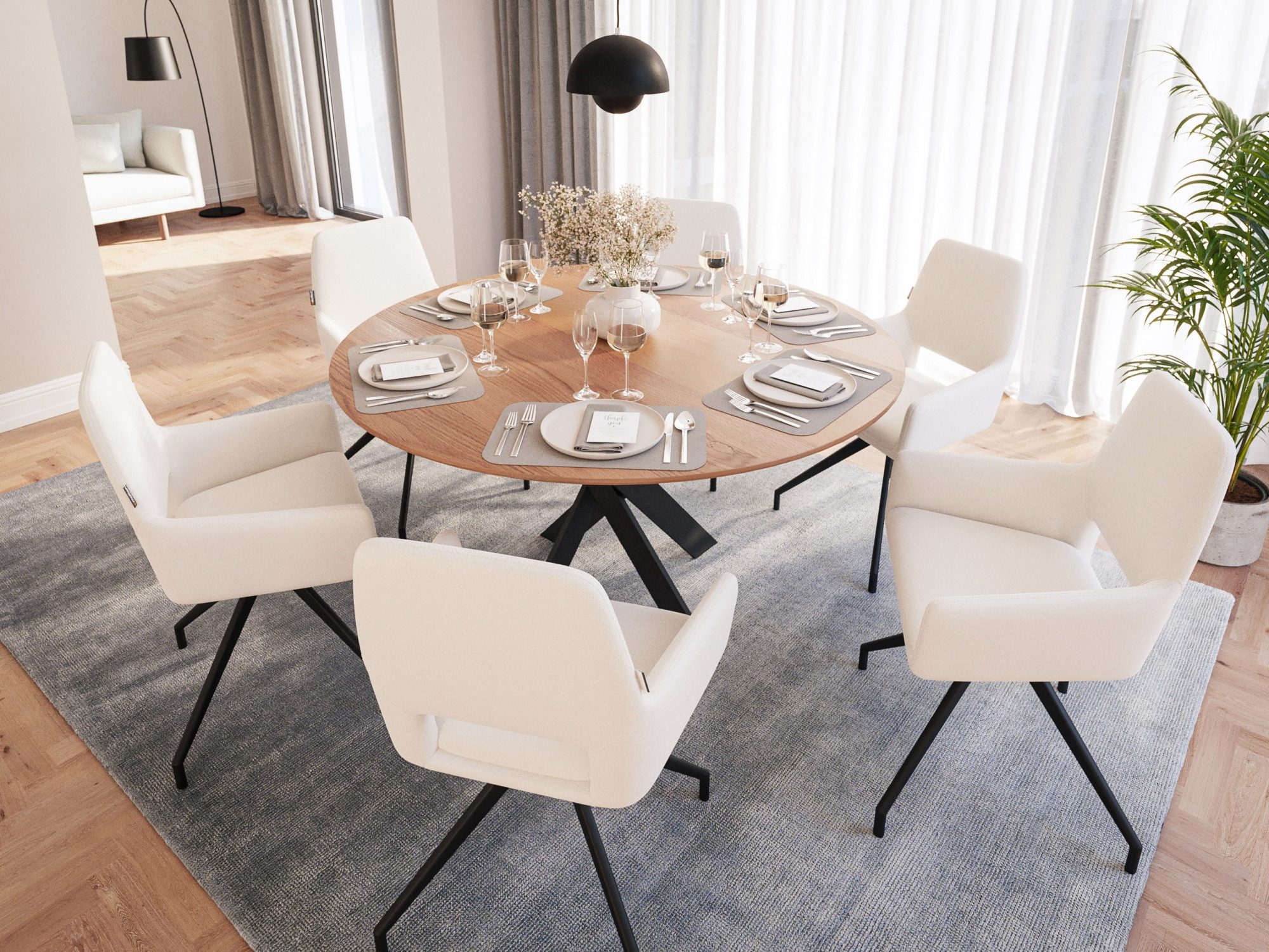 Magnolia Home Esszimmer-Set Esstisch mit 6 Stühlen Stoffbezug beige LINUS 135 Rund Eiche Furnier l