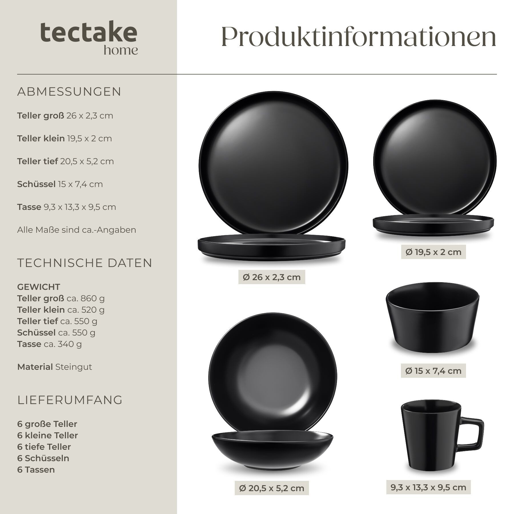 tectake Kochbesteck-Set Geschirrset aus Steingut mit Töpfen, Pfannen (Una/Varese - für Induktionsherde geeignet, 45-tlg., in Schwarz), hitzebeständig, kratzfest – Bild 5 von 5