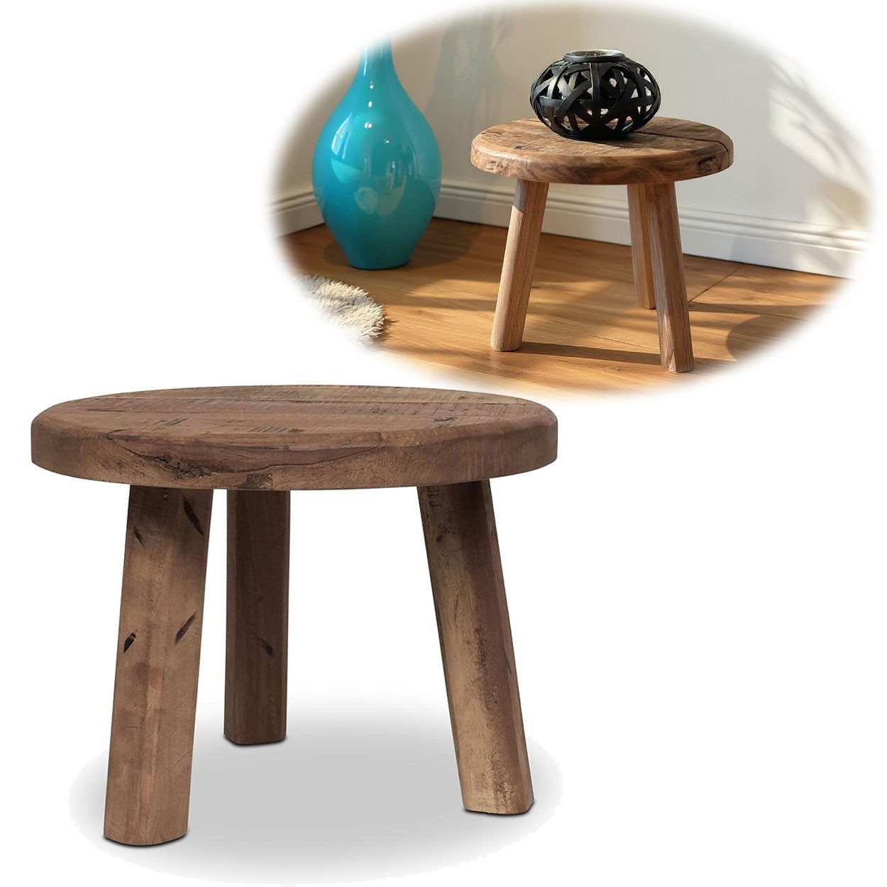 LS-LebenStil Fußhocker Vintage Holz Fußhocker Braun 30cm Rund Recycelt Tritthocker Schemel (Fußbank Beistellhocker Holzhocker Nachttisch Tischchen, 1 St., Roadwood Recycelt Altholz, Blumenständer Blumenhocker Pflanzenhocker), Beistellhocker Kleiner Hocker zum Sitzen im Kinderzimmer