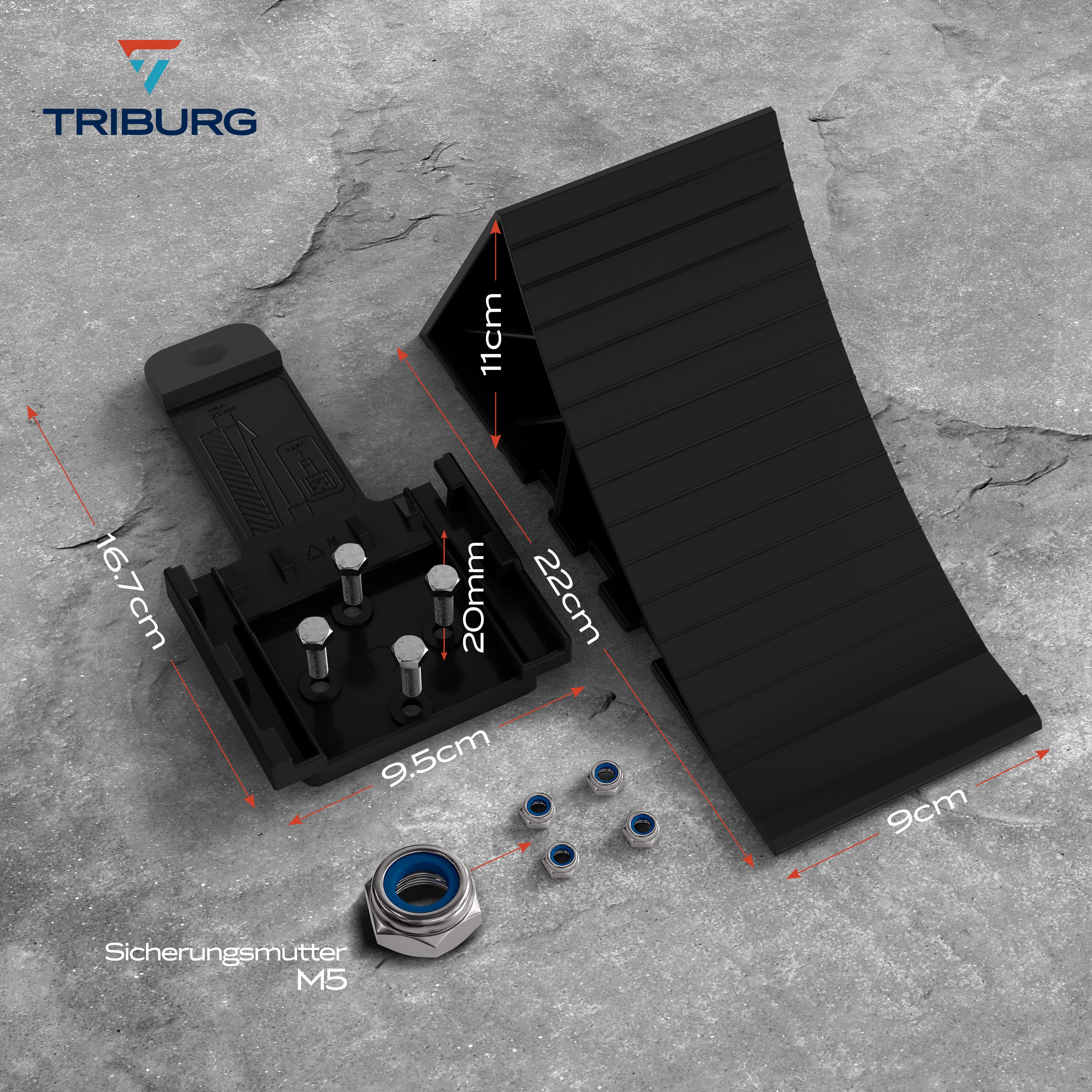TRIBURG Sicherheitskeil TRIBURG Unterlegkeile inkl. Halter [2er Set] und Montagematerial, Anhänger Unterlegkeile bis 1600kg Achslast