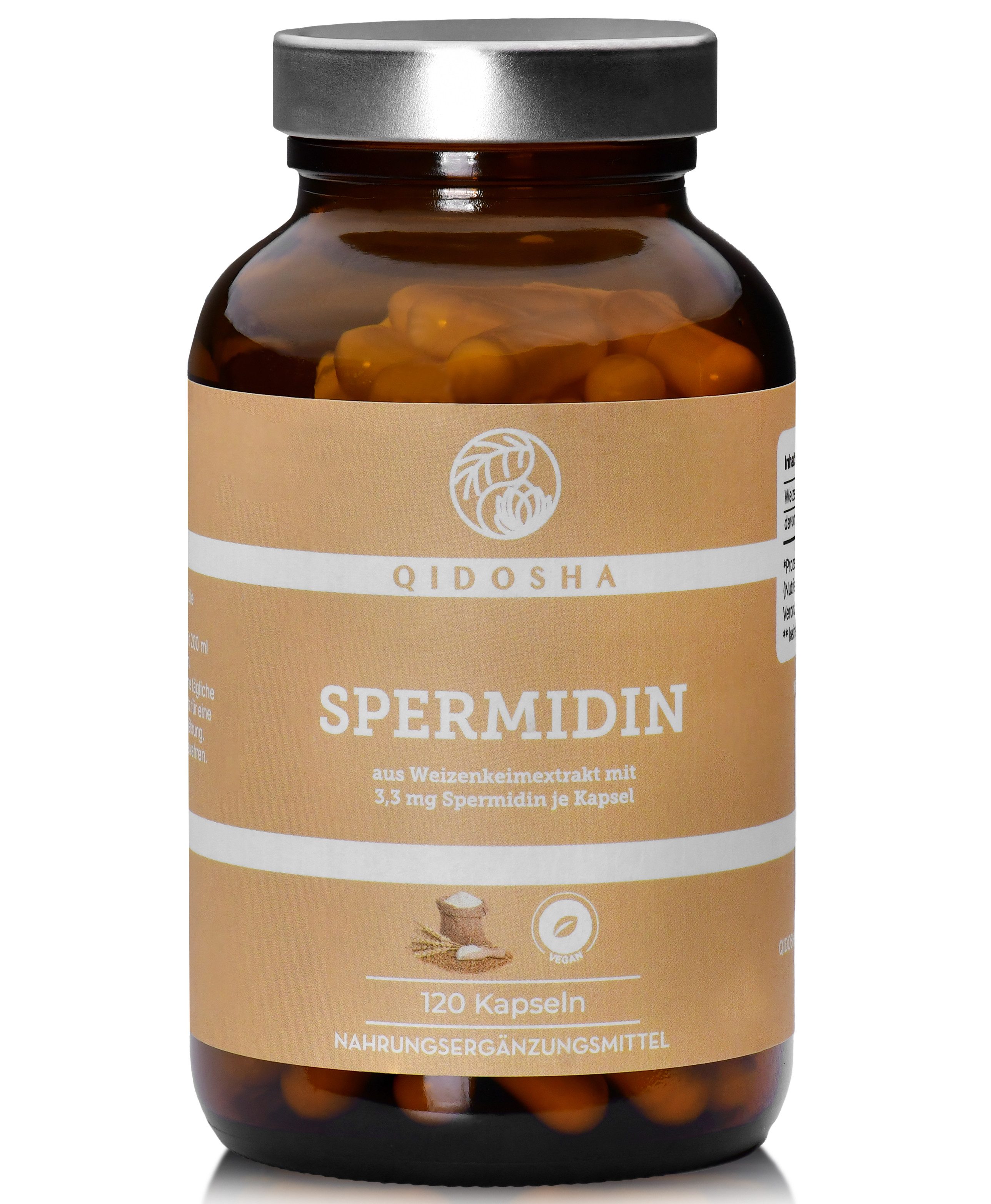 QIDOSHA Spermidin aus Weizenkeim-Extrakt Kapseln, hochdosiert, TESTSIEGER 07/23*, 3,3 mg Spermidin je Kapsel, 120 Stk im Apothekerglas, Weizenkeim-Extrakt (660 mg/Kapsel) als 100% pflanzliche Spermidin-Quelle, vegan à 120 St., 93.6 g