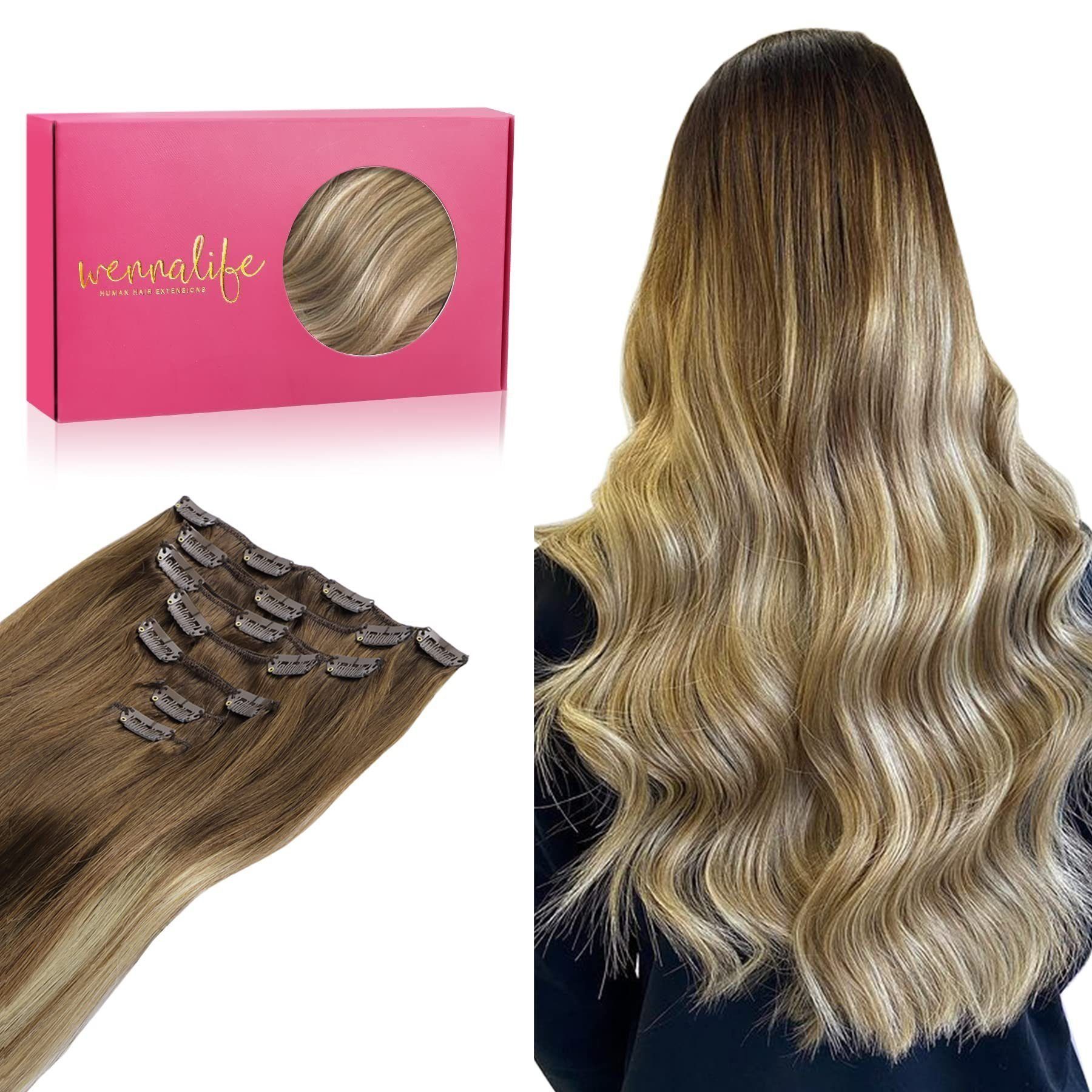 Wennalife Echthaar-Extension Clip in Extensions,Ombré Walnuss Braun bis Ash Braun und Bleach Blonde | Haarverlängerungen