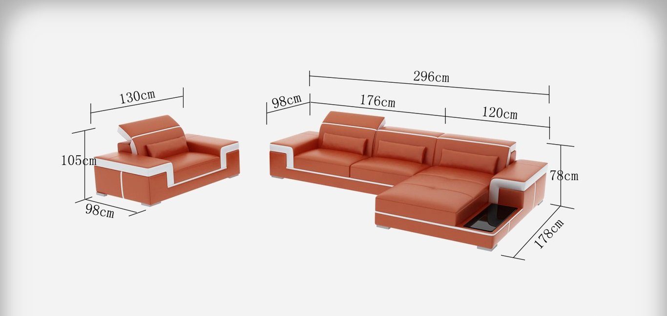 JVmoebel Ecksofa, Set Couch Orange/Weiß Sessel Leder Wohnlandschaft L-Form 2tlg. Sofa Modern Ecksofa