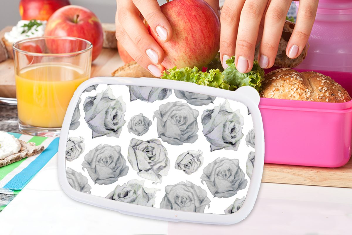 Rosen - Brotdose Muster, Blume Snackbox, Brotbox - Schwarz Kunststoff - Kinder, für Lunchbox MuchoWow Erwachsene, Kunststoff, (2-tlg), und Mädchen, weiß rosa