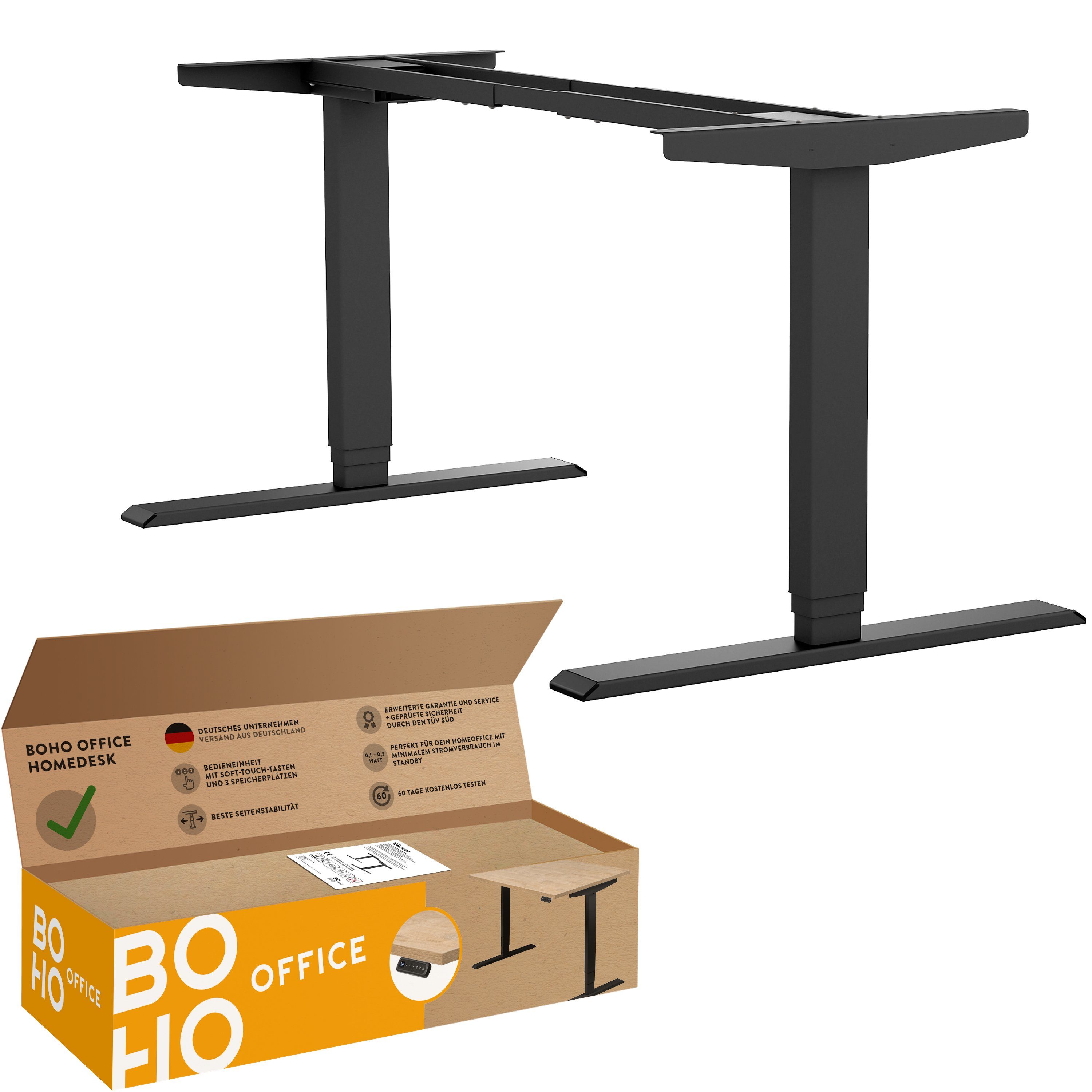 boho office® Schreibtisch Homedesk (Tischgestell), elektrisch stufenlos höhenverstellbar in Schwarz mit 3 Speicherplätzen Schwarz | Schwarz