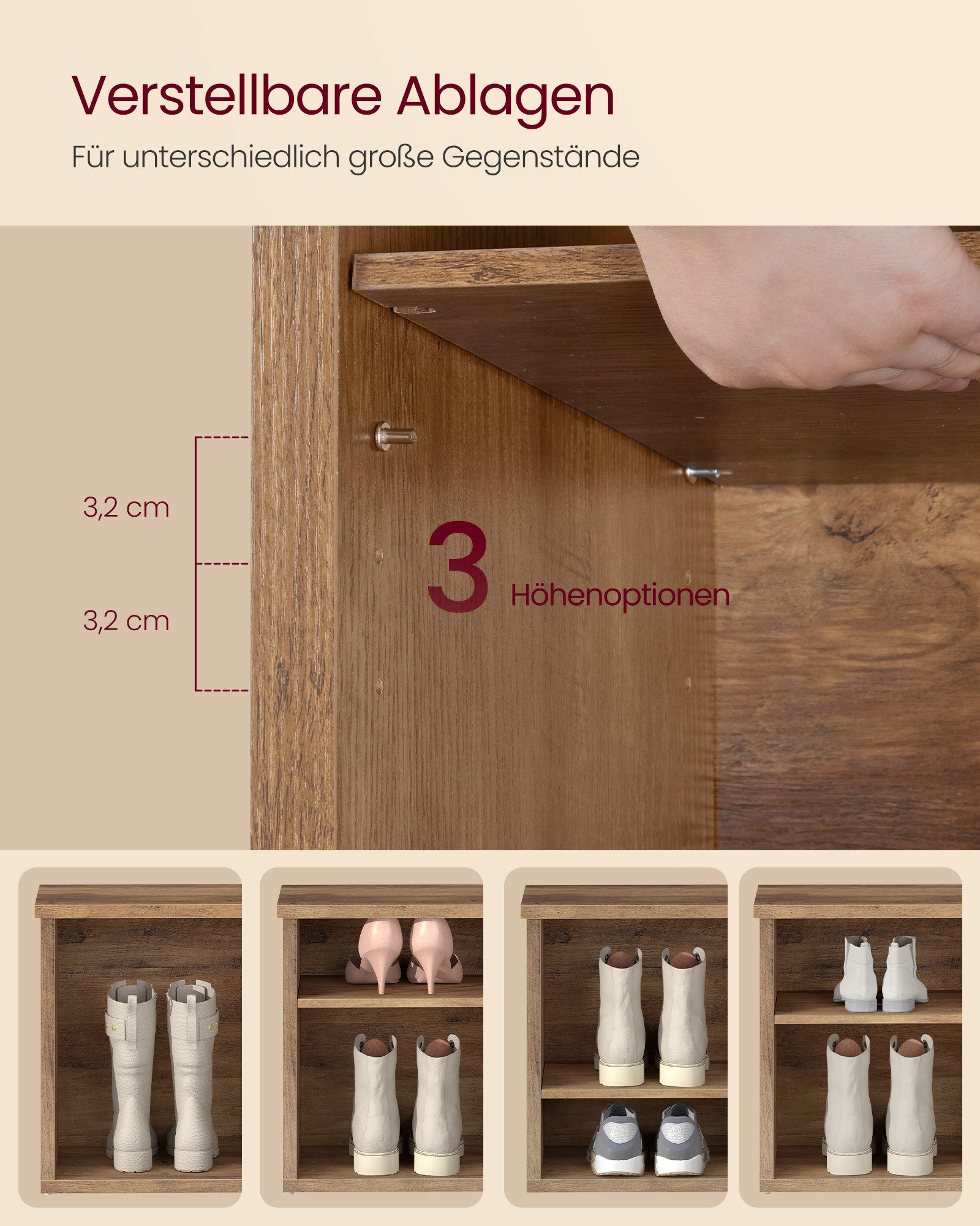 VASAGLE Schuhbank Sitzbank, Schuhregal, für Wohnzimmer, Flur, 29,5 x 100 x 50 cm, mit Stauraum, 6 Fächer, verstellbare Ablagen, braun