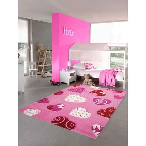 Kinderteppich Kinderteppich Herzen Kinderzimmerteppich Mädchen in rosa creme rot, Teppich-Traum, Rund, Höhe: 13 mm