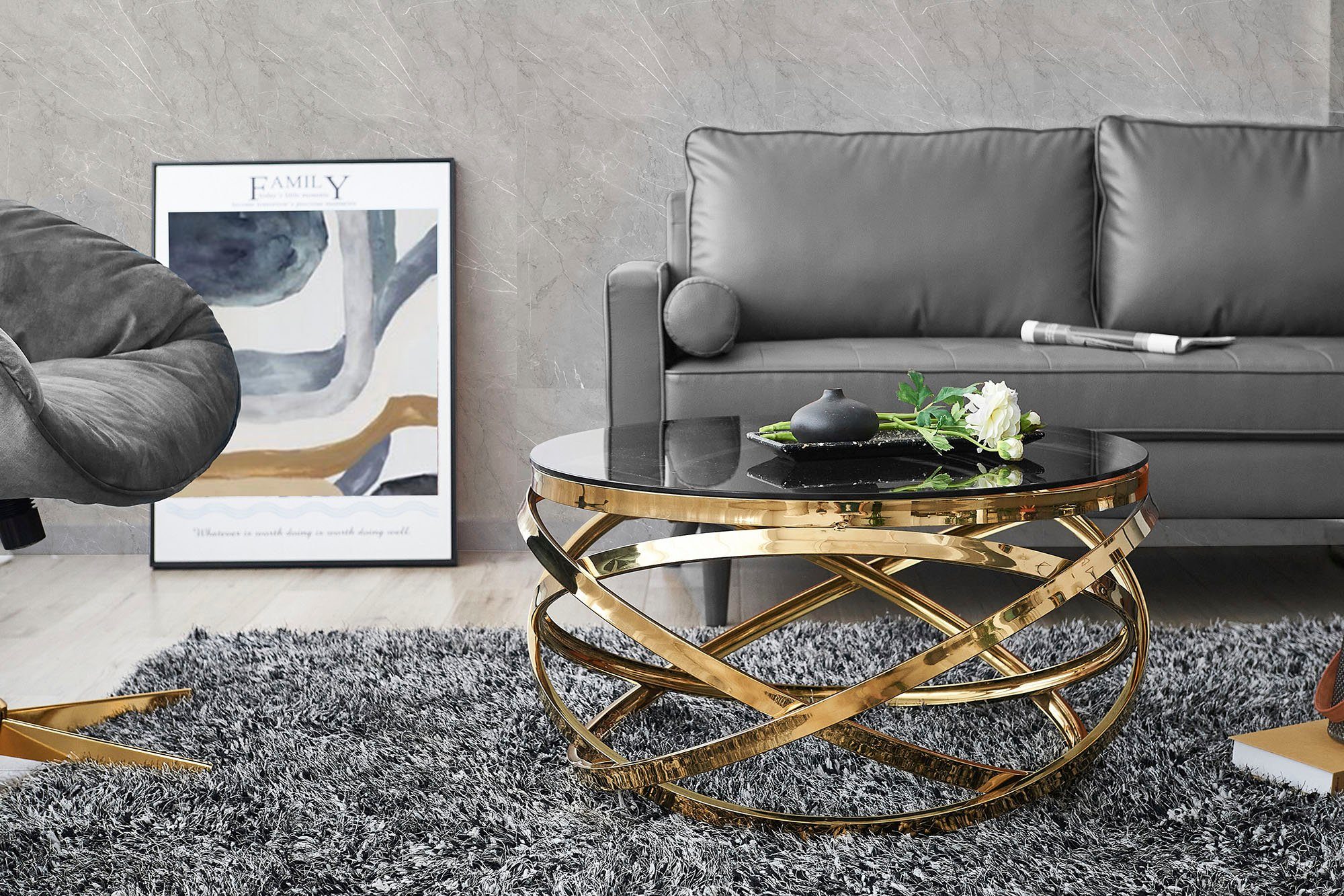 SalesFever Couchtisch mit Design-Gestell in Stainless Steel für stilvolles Wohnen, Gestell gefertigt aus rostfreiem Edelstahl
