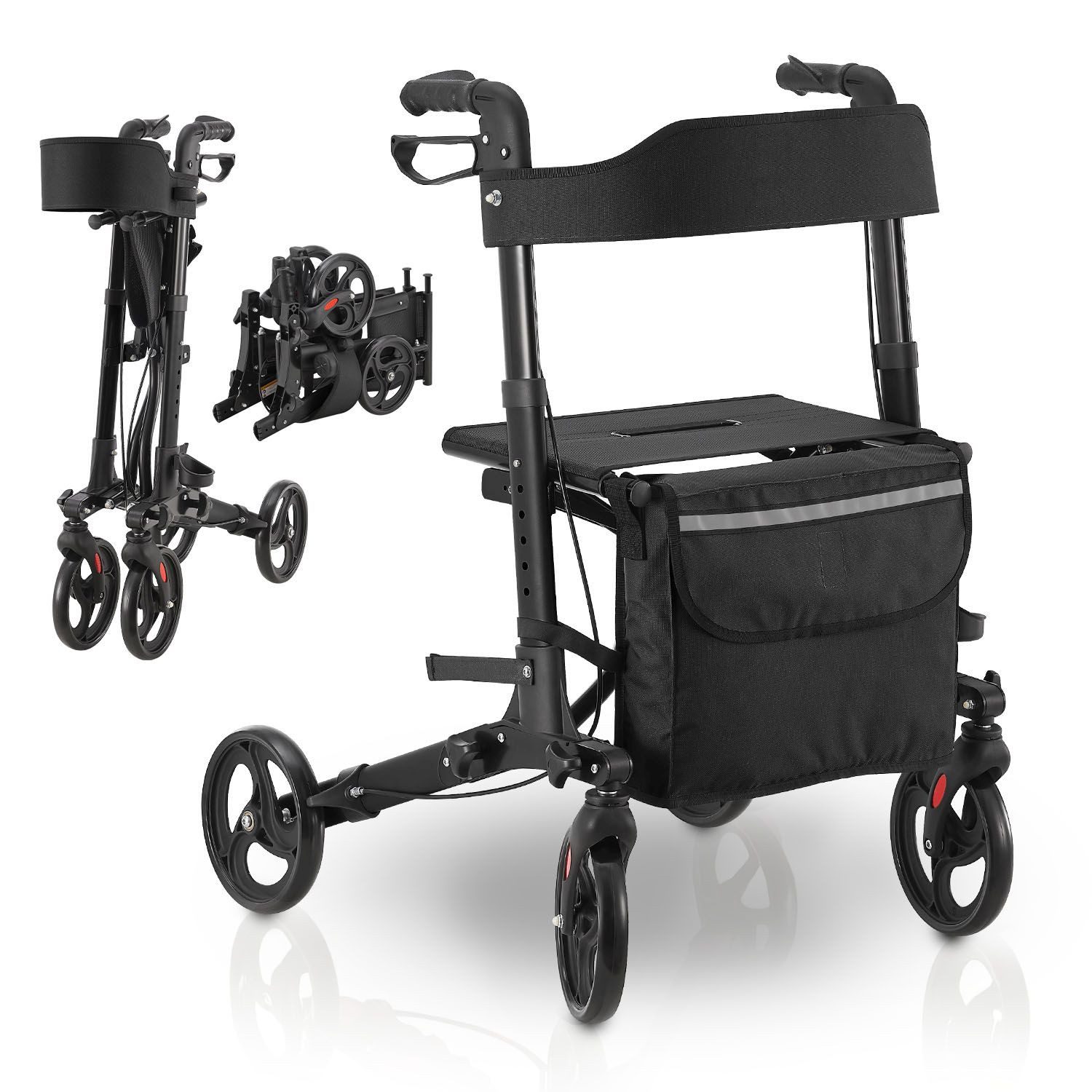 Juskys Rollator Vital, klappbar, mit Sitz, Einkaufstasche und Gehstockhalterung