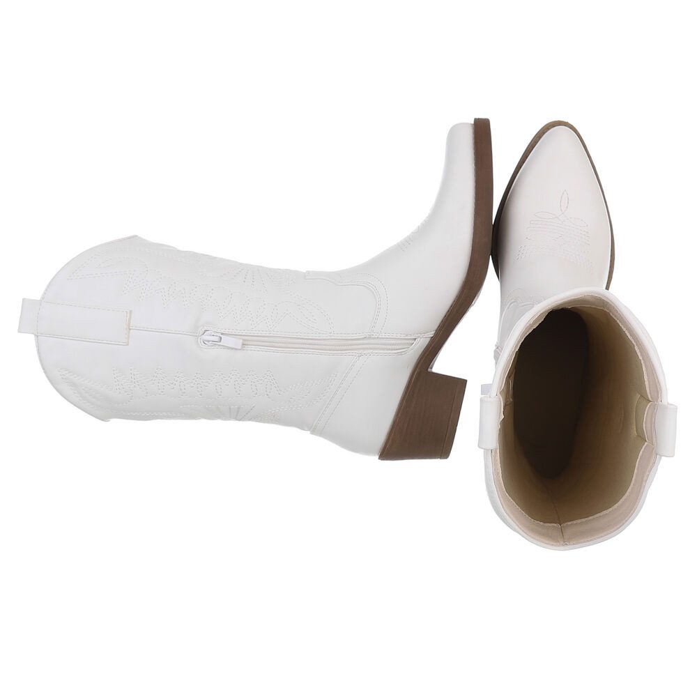 Ital-Design Damen Kniehohe Western-Stiefel mit Stickerei und Blockabsatz Westernstiefel (77888488) Blockabsatz Stiefel in Weiß
