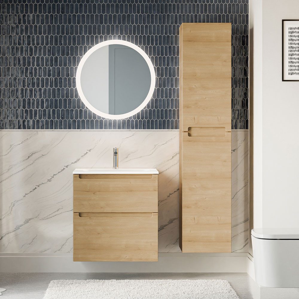 Bernstein Badmöbel-Set VIREO 60cm Eiche honiggold Spiegel Rund, Badmöbel Set 60cm Keramik Becken Hochschrank LED-Spiegel