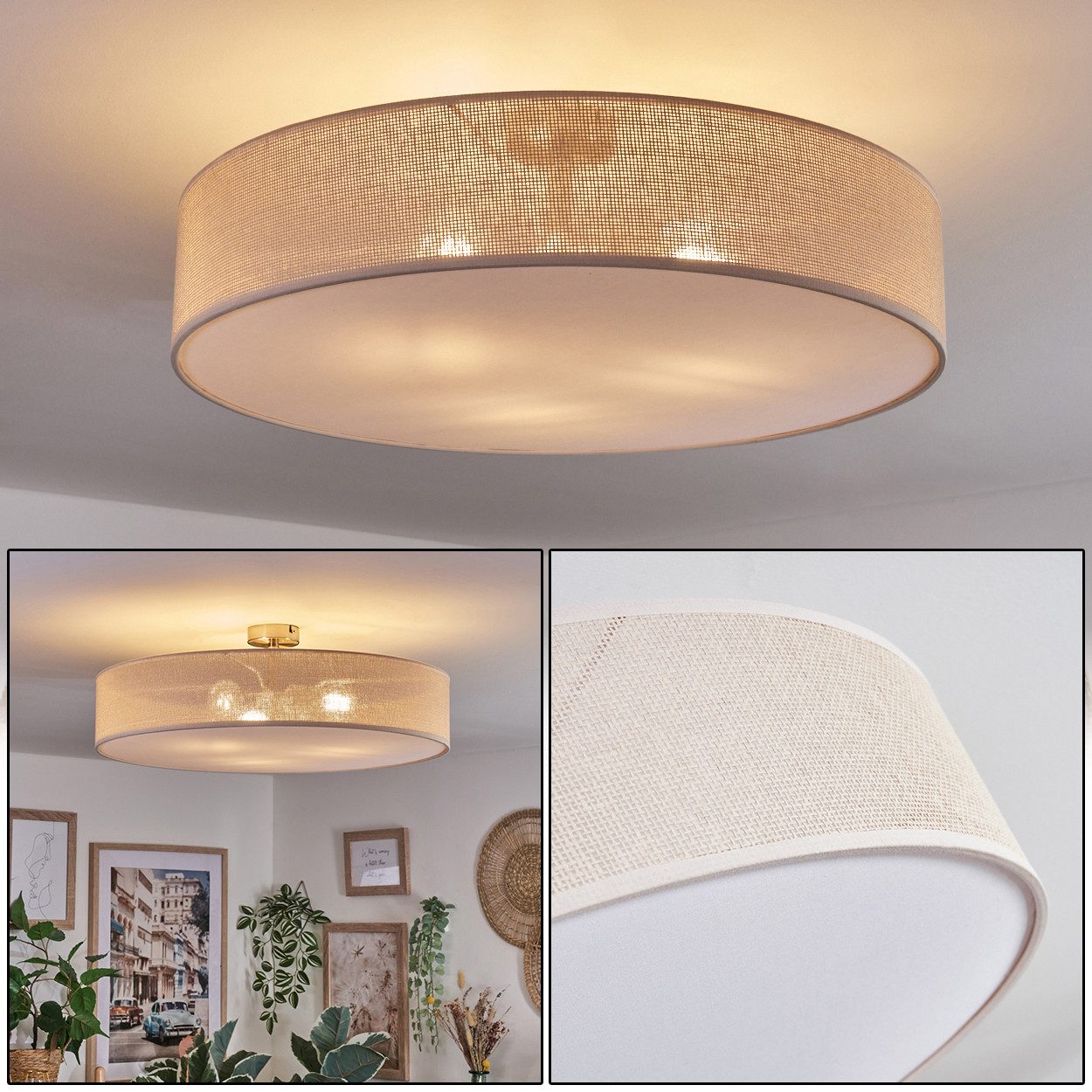 hofstein Deckenleuchte Deckenlampe aus Metall/Papiergeflecht/Kunststoff in Nickel/Natur/Weiß, ohne Leuchtmittel, runde Leuchte im Boho-Design (60 cm), E27, Esszimmer, Wohnzimmer