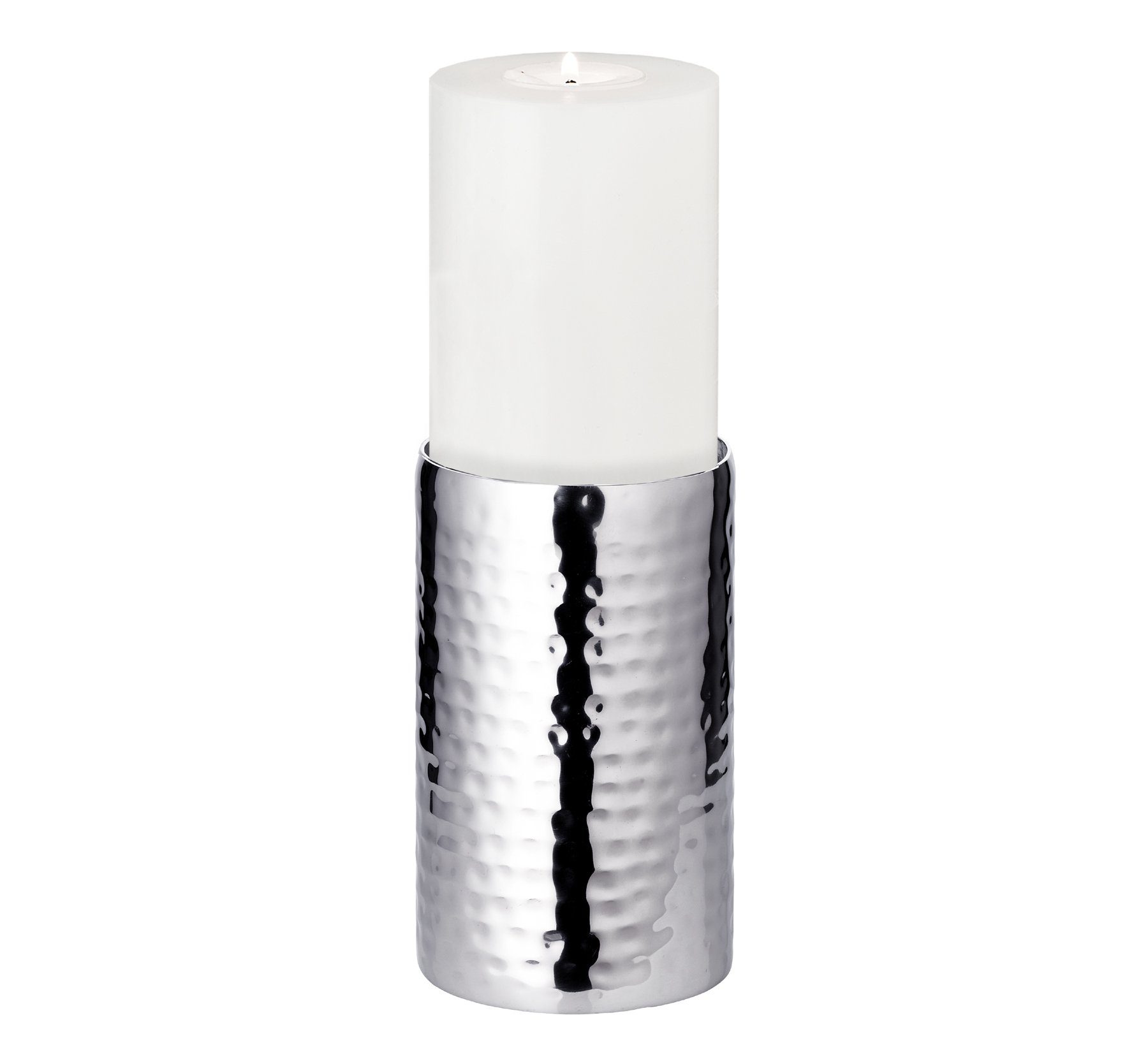 Kerzenhalter Agadir, gehämmerte cm EDZARD 8,5 hochglanzpoliertem 15 cm, aus Kerzenleuchter Höhe Edelstahl, Stumpenkerzen, Kerzenständer Silber-Optik, Ø für