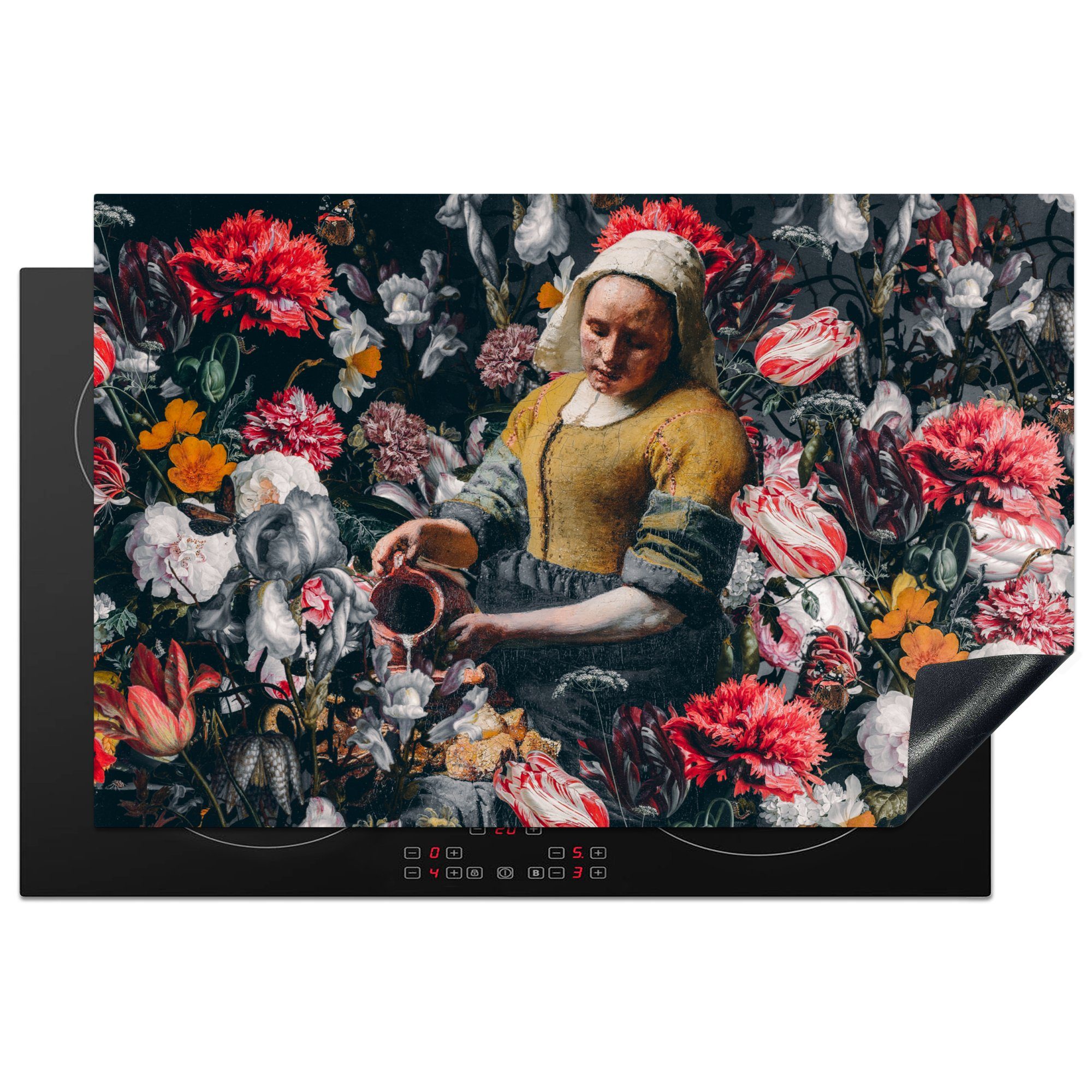 MuchoWow Herdblende-/Abdeckplatte Milchmädchen - Johannes Vermeer - Blumen, Vinyl, (1 tlg), 81x52 cm, Induktionskochfeld Schutz für die küche, Ceranfeldabdeckung