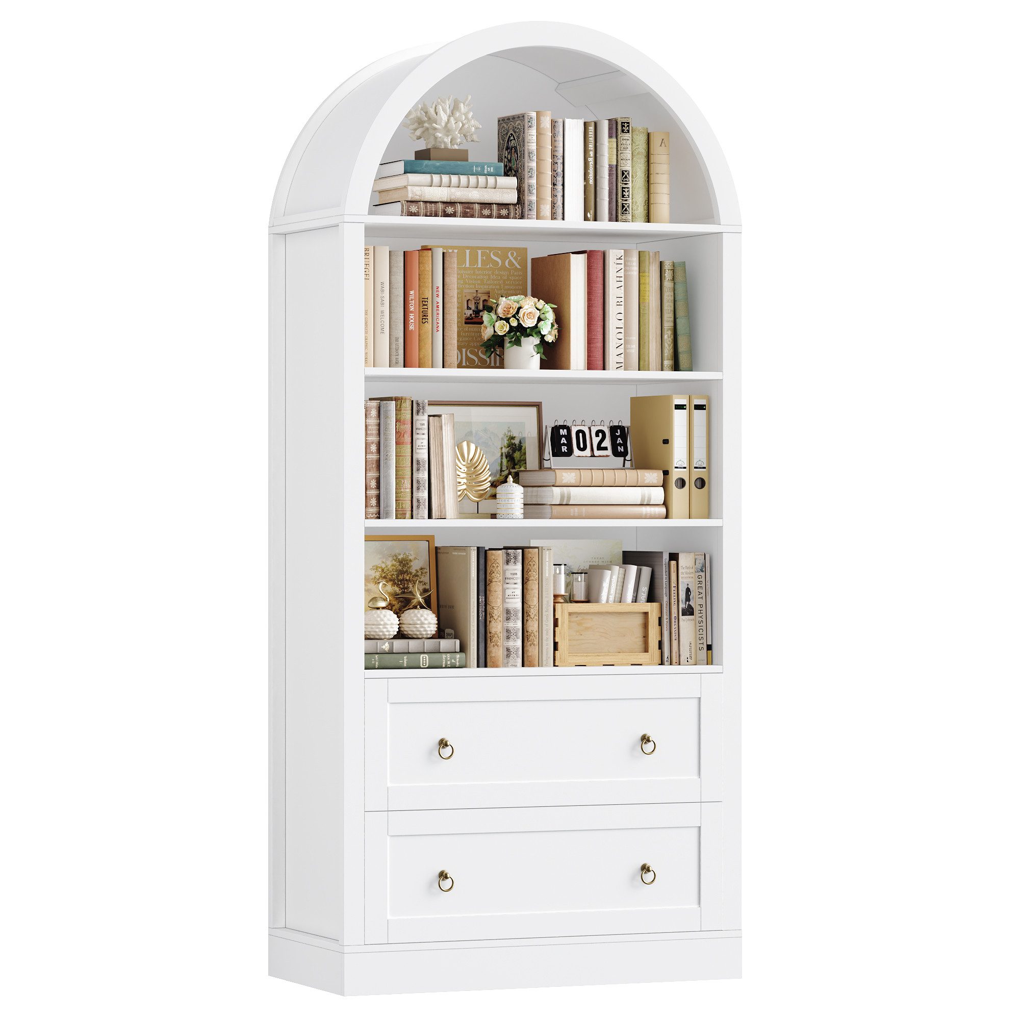 Homfa Bücherregal gewölbter Bücherschrank mit 2 Schubladen, Standregal mit 8 offenen Fächern Büroregal Holz 177x79,5x36cm