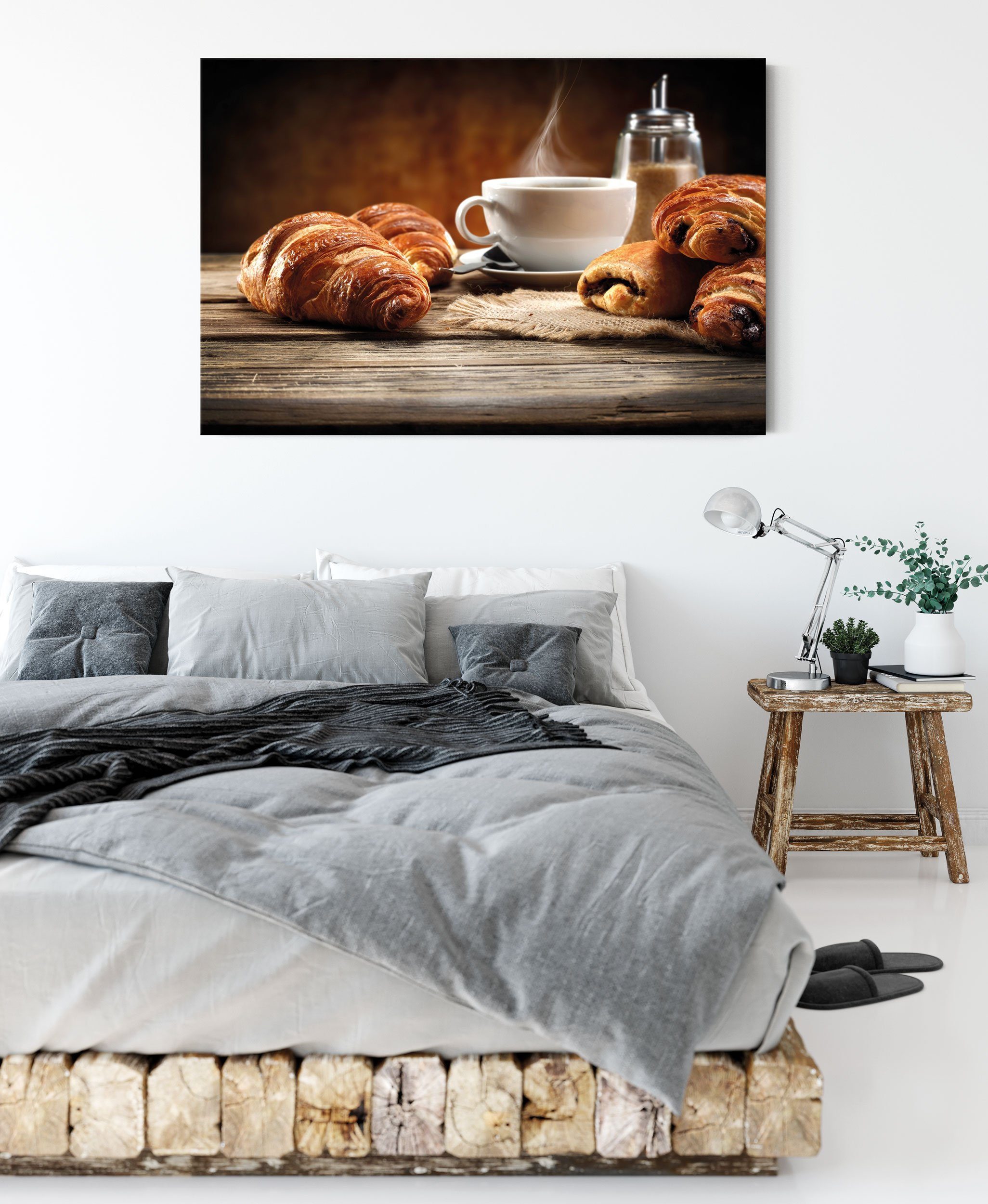 Croissant Kaffee, Kaffee inkl. bespannt, St), Zackenaufhänger Pixxprint Leinwandbild Leinwandbild (1 Croissant fertig zum zum