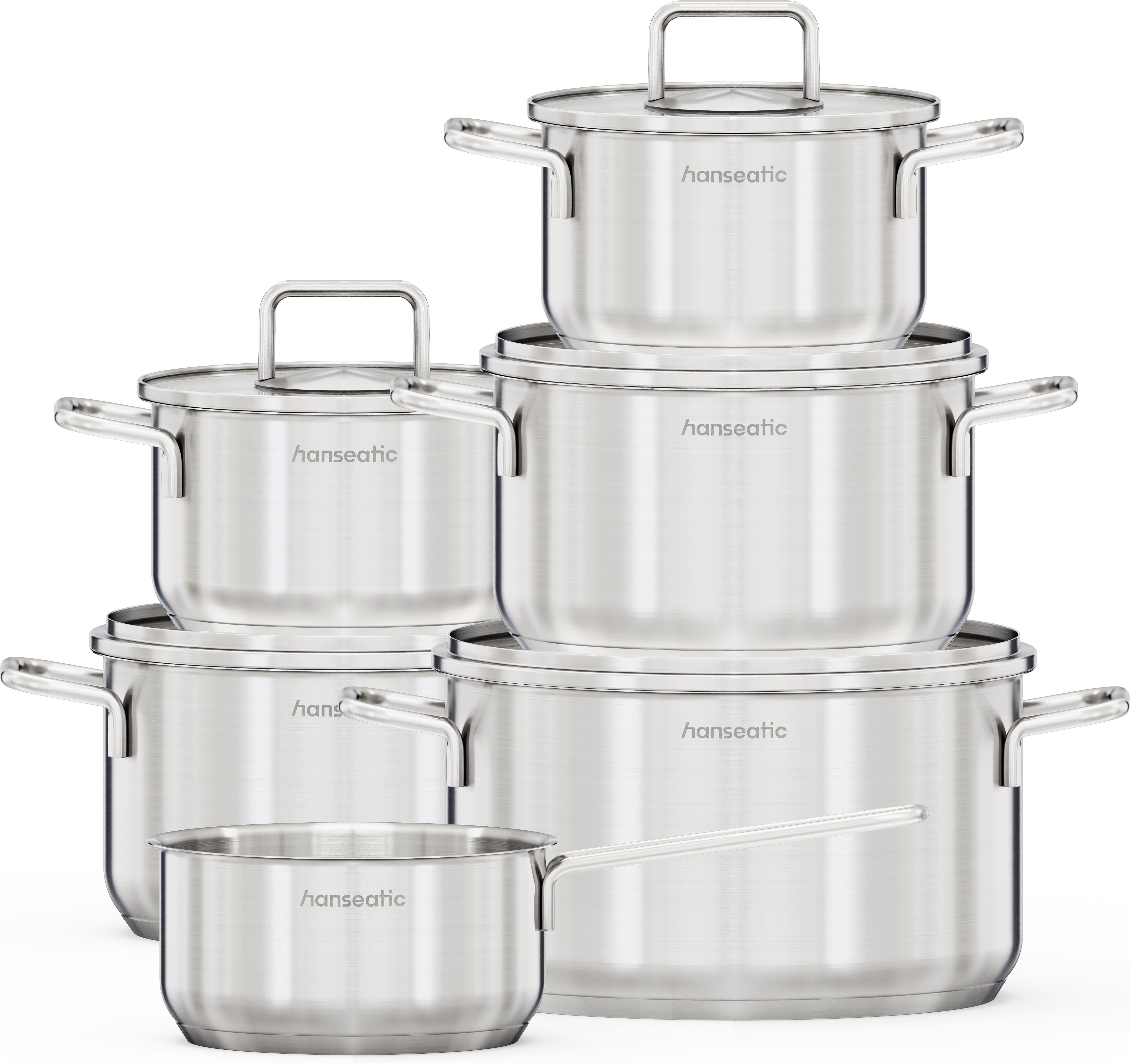 Hanseatic Topf-Set BASIC, Edelstahl 18/10 (Set, 11-tlg., Stielkasserolle 16 cm, Kochtopf 2x16/2x20/1x24 cm), für alle Herdarten geeignet, unbeschichtet
