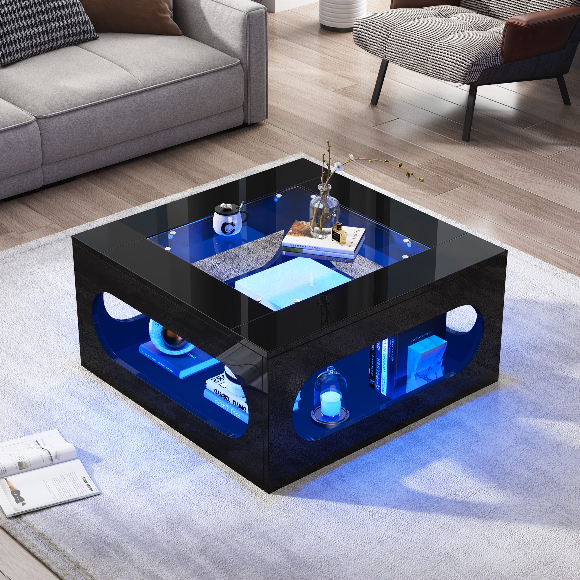 HAUSS SPOLE Couchtisch mit Glasplatte,Wohnzimmertisch Hochglanz-Sofatisch mit LED-Licht (Satztisch, Wohnzimmertisch, 1-St., 70*70*35cm quadratischer Teetisch), Hochglanz LED Beistelltisch mit Tischplatte aus gehärtetem Glas