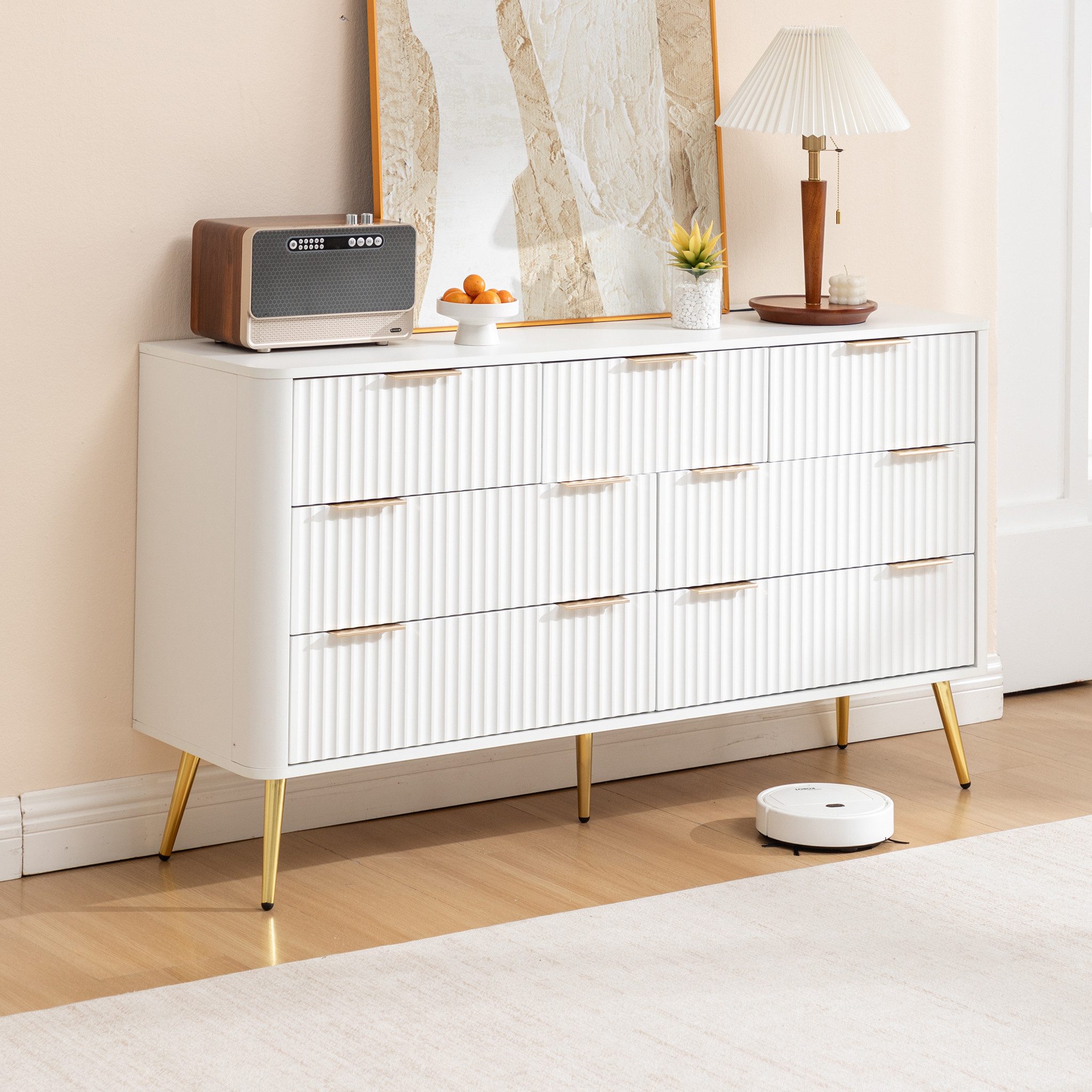 HAUSS SPOLE Sideboard mit 7 Schubladen,Kommode mit Kippsicherung und Metallgriffen,Weiß (Aufbewahrungsschrank 7-Schubladen-Design mit Kippsicherung)