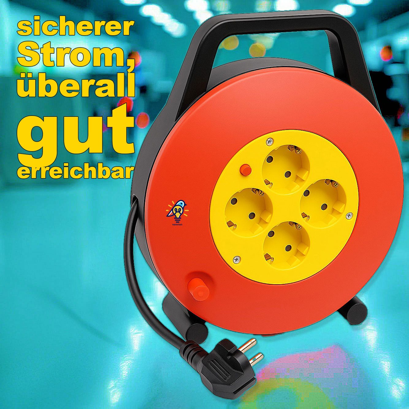 VABIONO Verlängerungskabel Kabelbox Kabelabroller 3×1,5 mm², 250V/16 A, 3200 W Kabeltrommel 4-fach (robust, schlagfest, Wickelgriff +Thermoschalter, Kabellänge 10 m), Kostenloser Versand