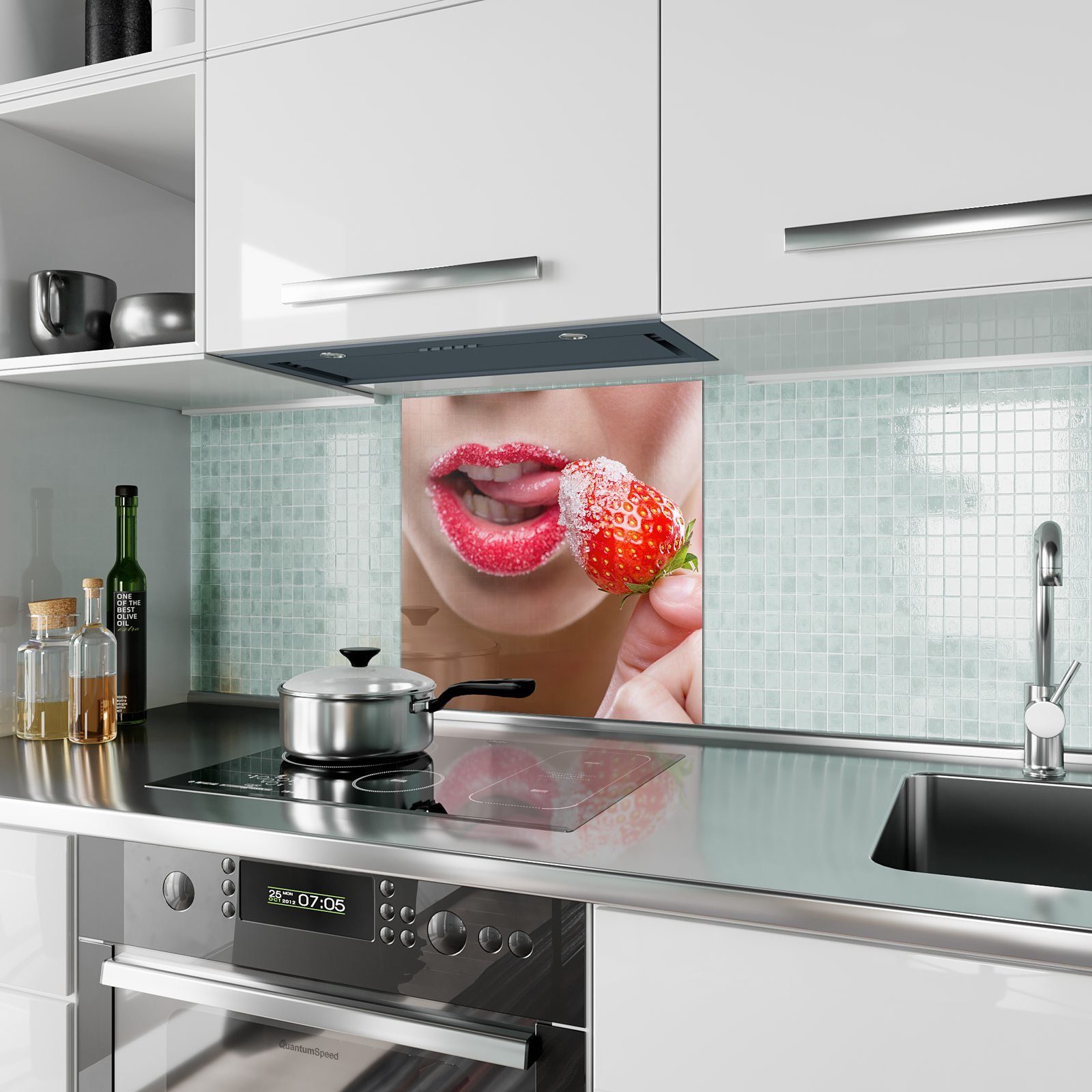 Lippen Rote Erdbeere mit Küchenrückwand Motiv Glas und Primedeco Spritzschutz Küchenrückwand