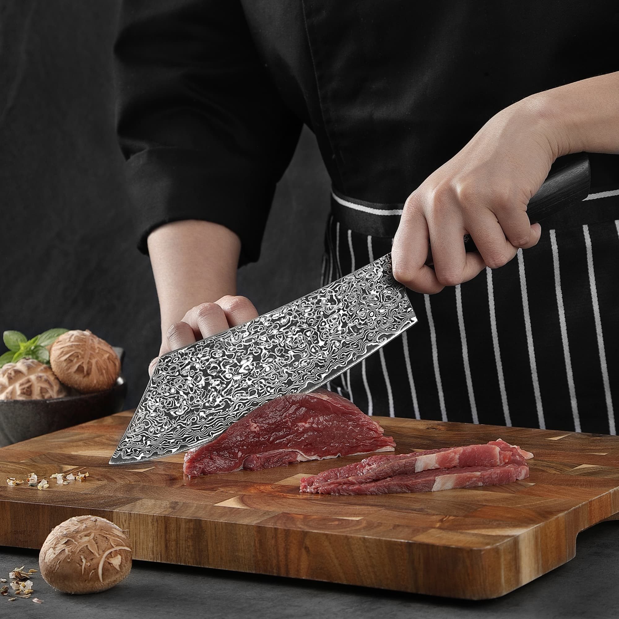 ZAYIKO Fleischmesser Black Edition dunkler Damast Küchenmesser Hakata Bocho 20 cm Klinge, schwarzer Damaststahl, VG10-Kern