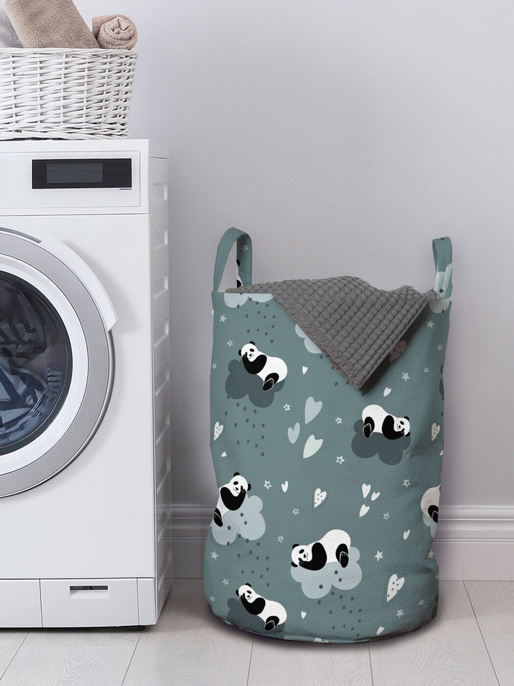 Wäschesäckchen für Wolken Waschsalons, Kordelzugverschluss Schlafen auf Kindisch Wäschekorb mit Griffen Pandas Abakuhaus