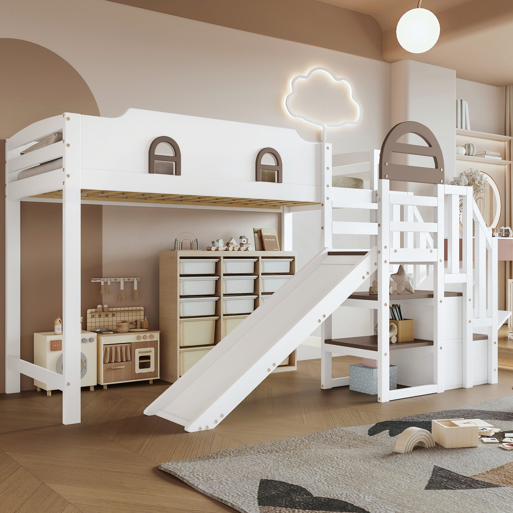 Merax Etagenbett (1-St), Kinderbett Hochbett 90x200cm mit Rutsche Stauraumtreppe Ablagefläche