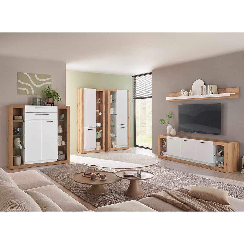 Lomadox Wohnzimmer-Set BELLAGIO-61, (Mega-Spar-Set, 5-St., Highboard Vitrinenschränke Lowboard Wandregal), in Eiche mit weißen Fronten, viel Stauraum, Glaseinlegeböden