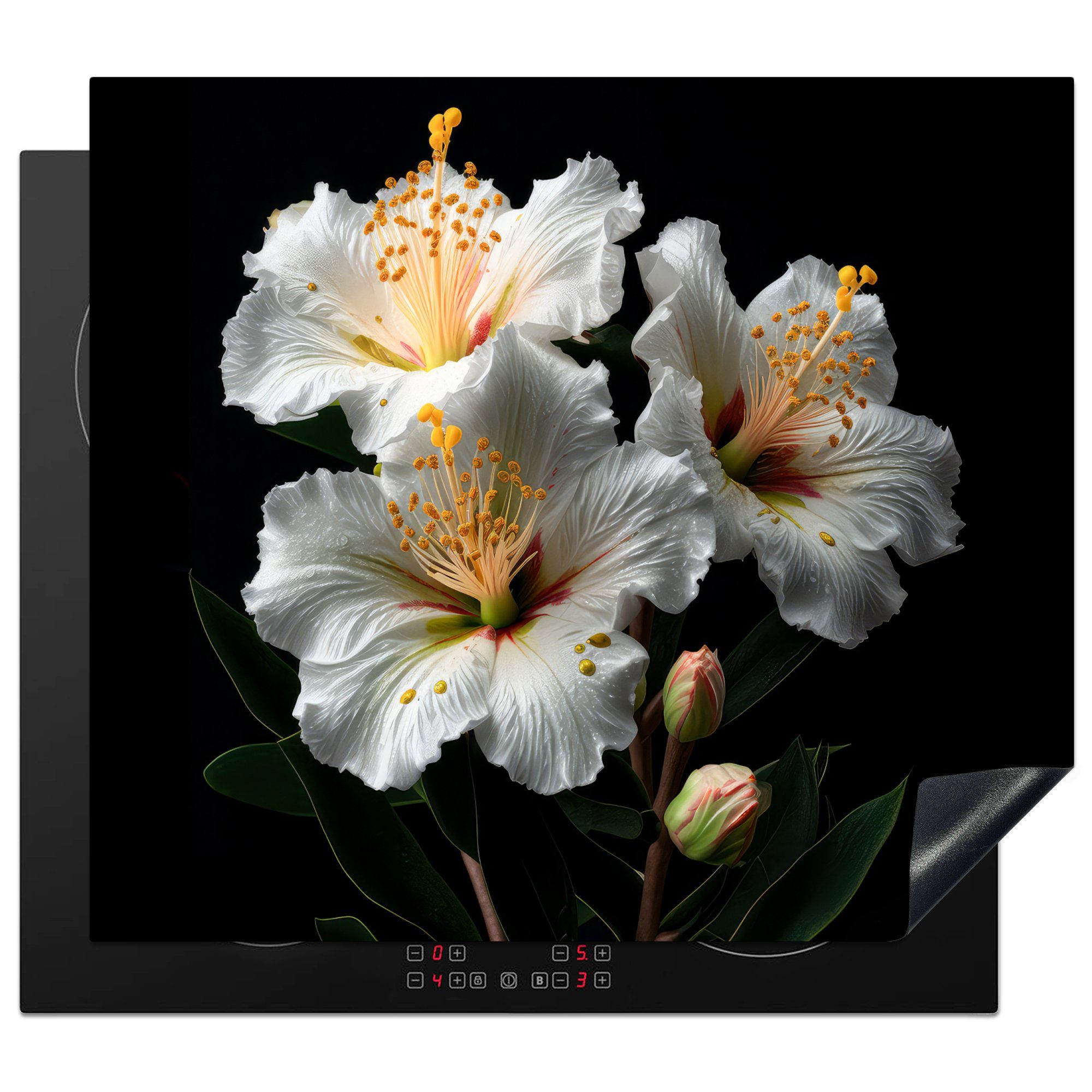 MuchoWow Herdblende-/Abdeckplatte Weiß (1 - Schwarz, - Blumen Vinyl, Ceranfeldabdeckung 60x52 Arbeitsfläche - - tlg), nutzbar, Natur Hibiskus cm, Mobile