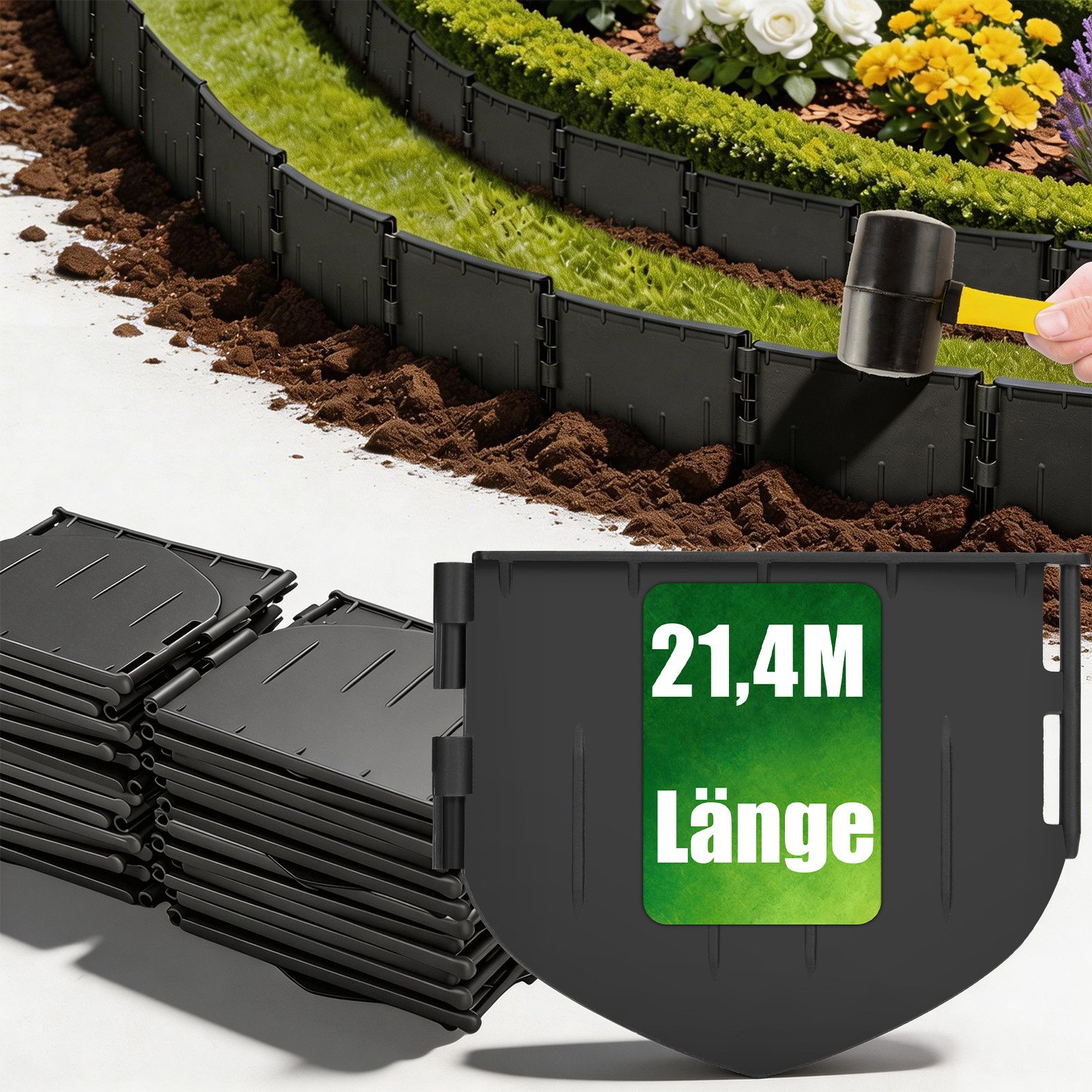 XERSEK Rasenkante Kunststoff Beetumrandung 21,4m Gartenzaun Beeteinfassung Palisaden, Einfach einschlagen, Keine Gräben ausheben, 153x131mm pro Stück, Kombinierbar Gartenborder für Beete, Wege, Rasen und Weitere Formen