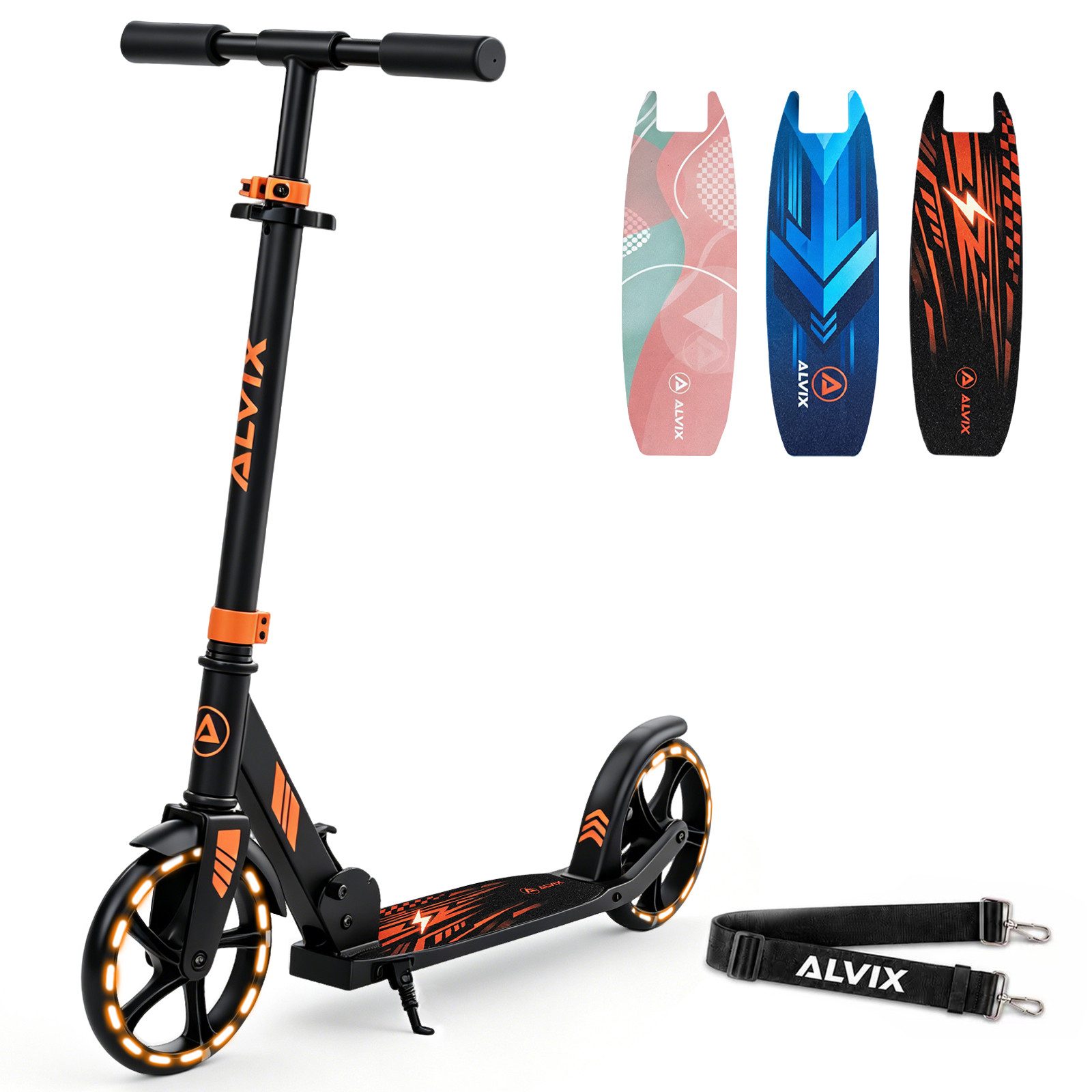 ALVIX Cityroller Kinderroller K-Serie, (Einzelartikel, 1 Scooter, 1 Tragegurt, 1 Bedienungsanleitung), 200-mm-LED-Räder, breites 120-mm-Deck, faltbar, Tragegurt