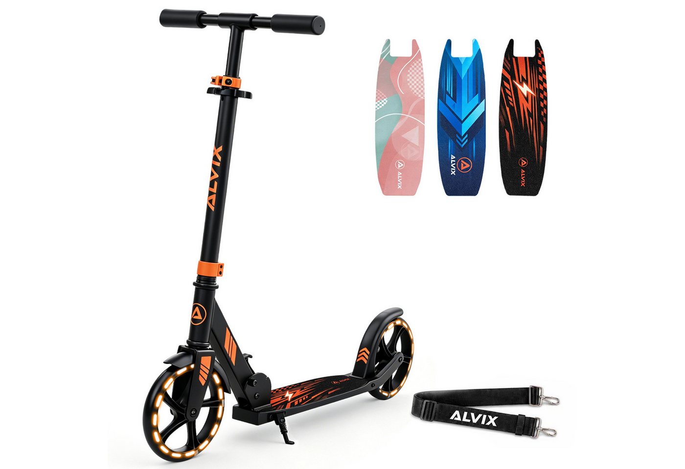 ALVIX Cityroller Kinderroller K-Serie, (Einzelartikel, 1 Scooter, 1 Tragegurt, 1 Bedienungsanleitung), 200-mm-LED-Räder, breites 120-mm-Deck, faltbar, Tragegurt