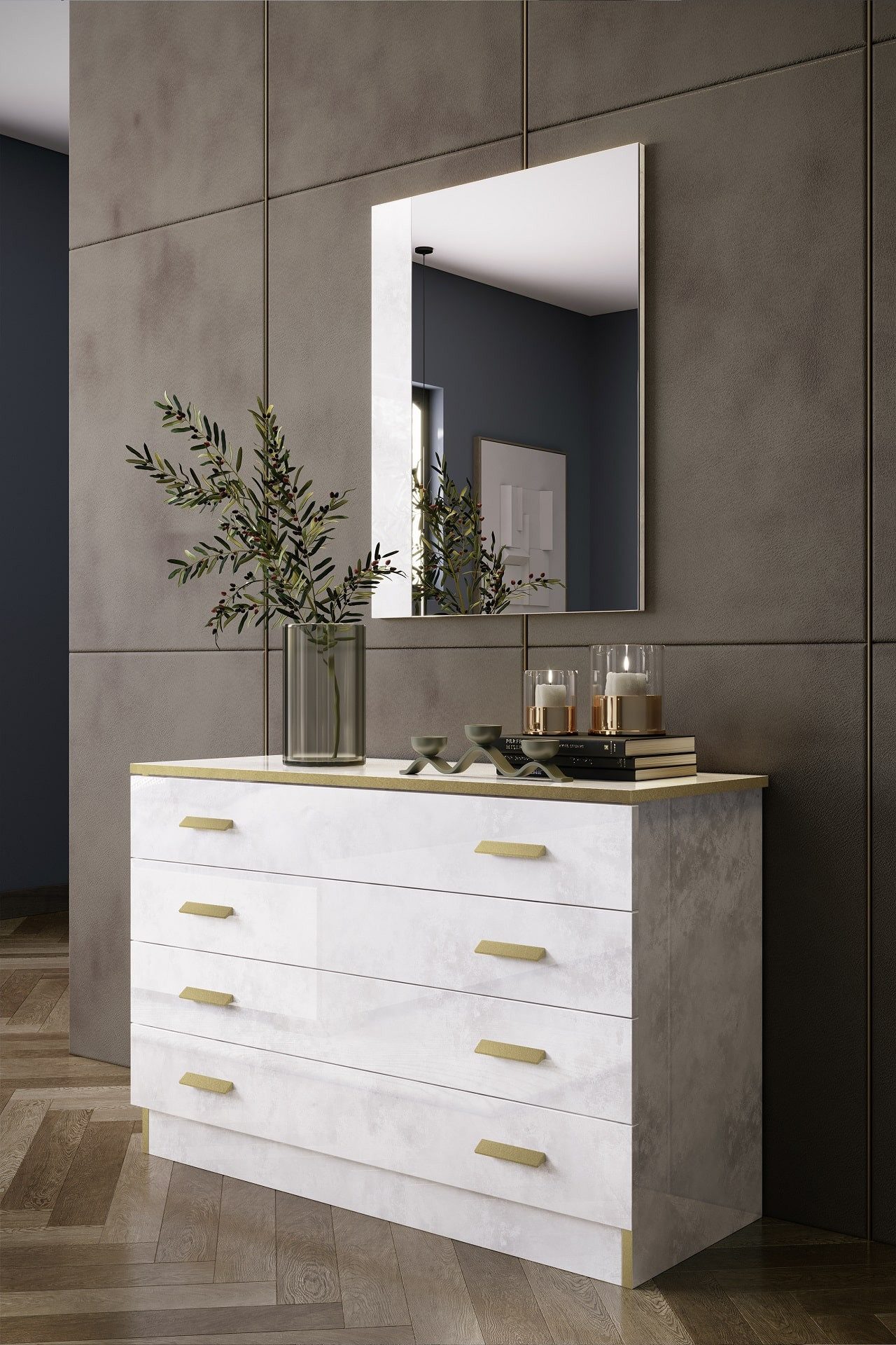 Interdesign24 Kommode Noemi (mit 4 Schubladen, in Beige/Gold Hochglanz), Made in Italy