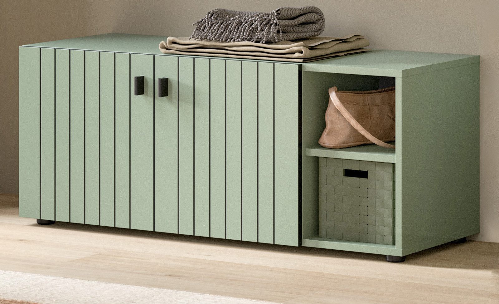 Inn.Furn Schuhbank Loreno (Garderobenbank in Grün mit schwarzen Rillen, 2-türig, 106 x 44 cm), mit 6 Fächern