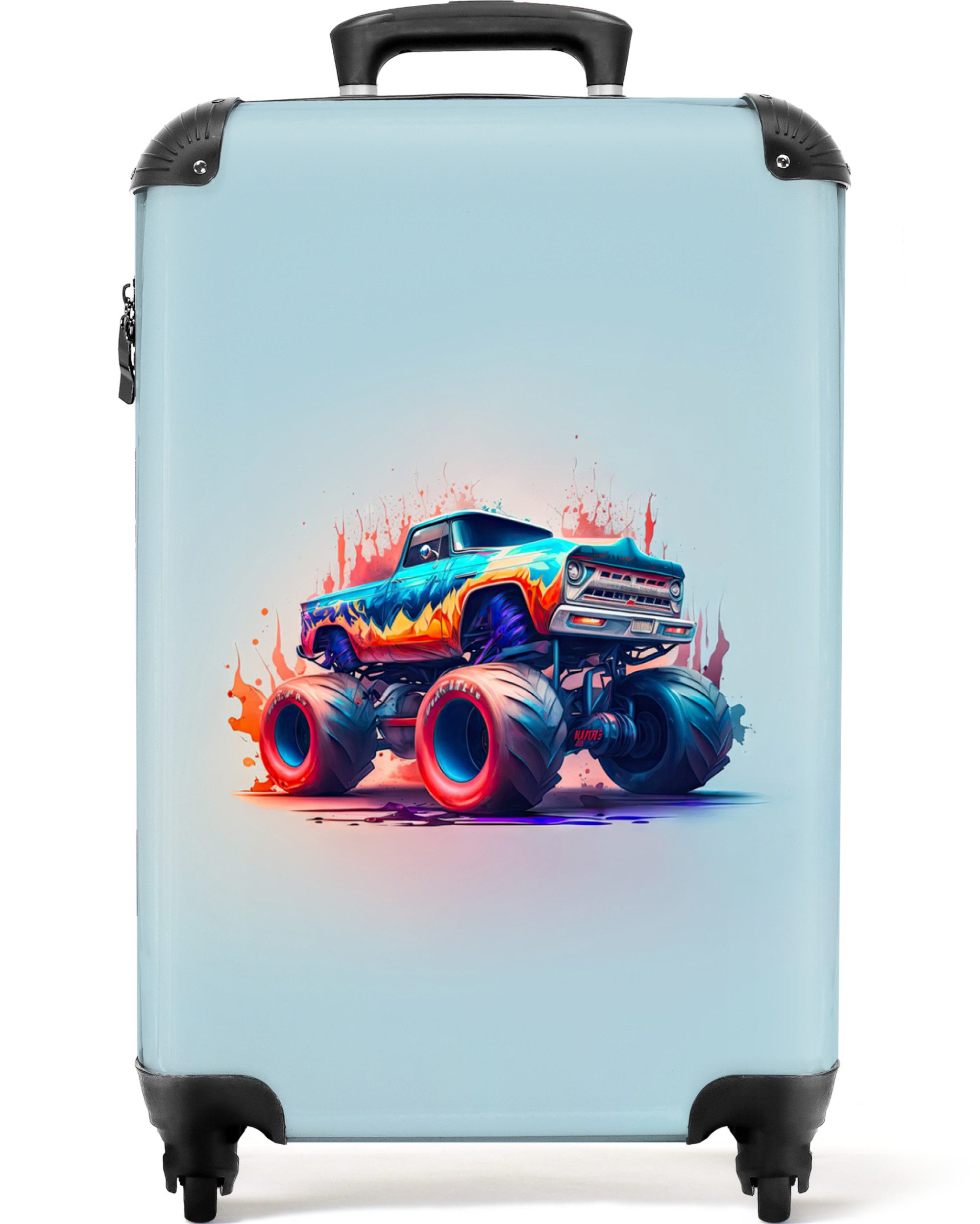 NoBoringSuitcases.com© Kinderkoffer Monstertruck - Flammen - Blau - Farbe - Design 55x35x20cm, 4 Rollen, Handgepäck Koffer, Hartschalenkoffer Kinder, Reisekoffer Jungen