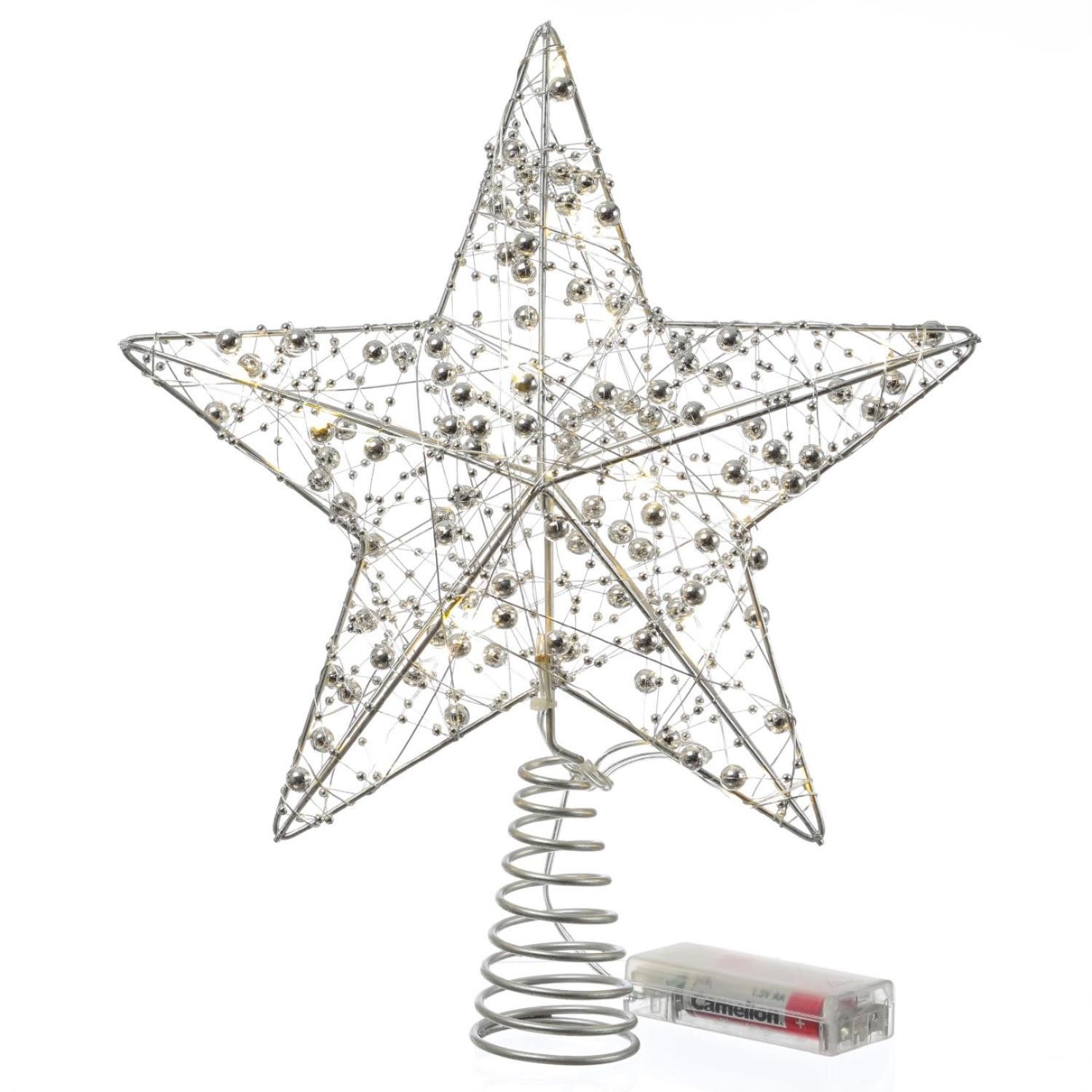 MARELIDA Christbaumspitze LED Weihnachtsbaumspitze Stern mit Perlen beleuchtet Timer 29cm silber