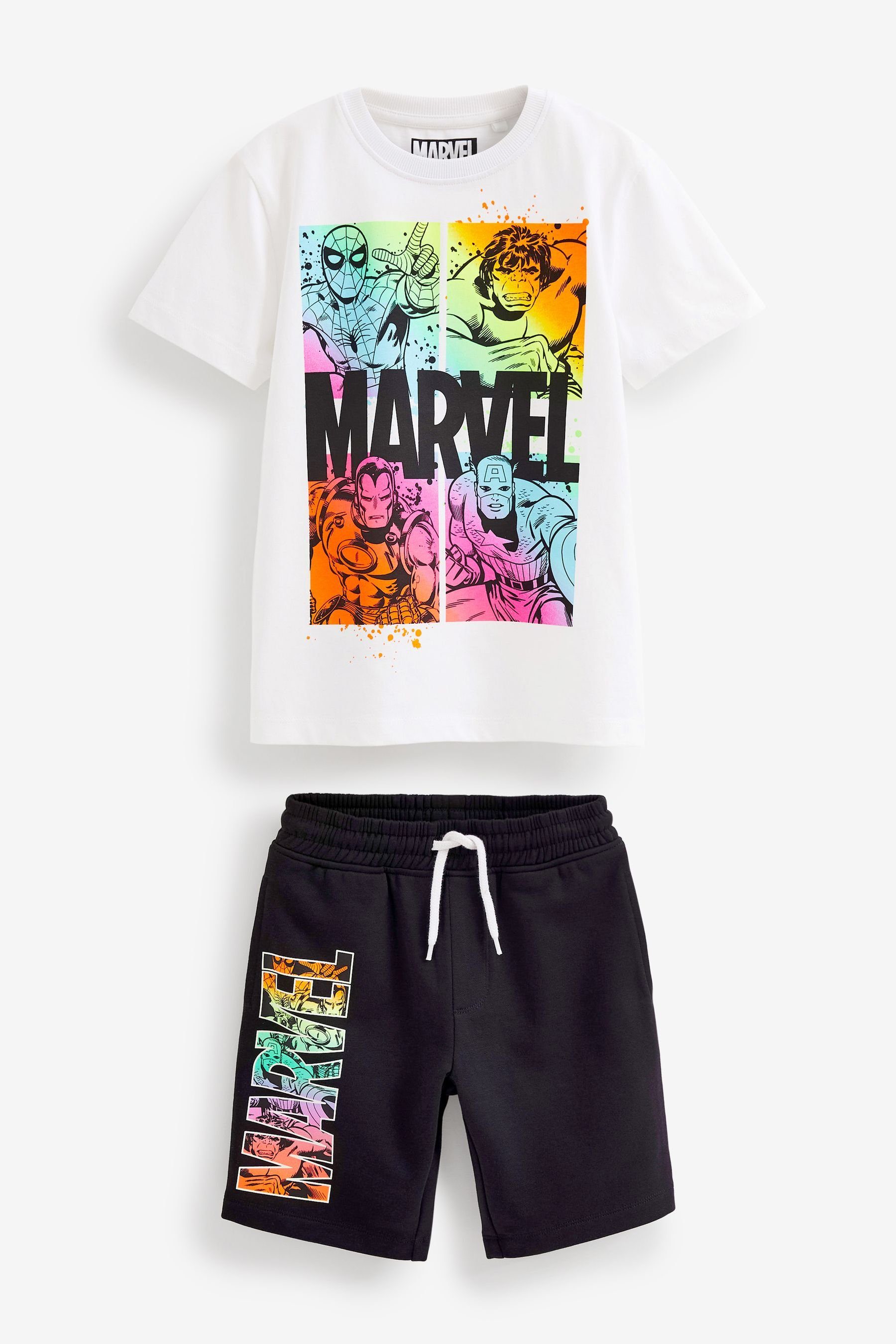 Next T-Shirt & Shorts Kurzärmeliges Lizenz-T-Shirt und Shorts im Set (2-tlg) Marvel White/Black