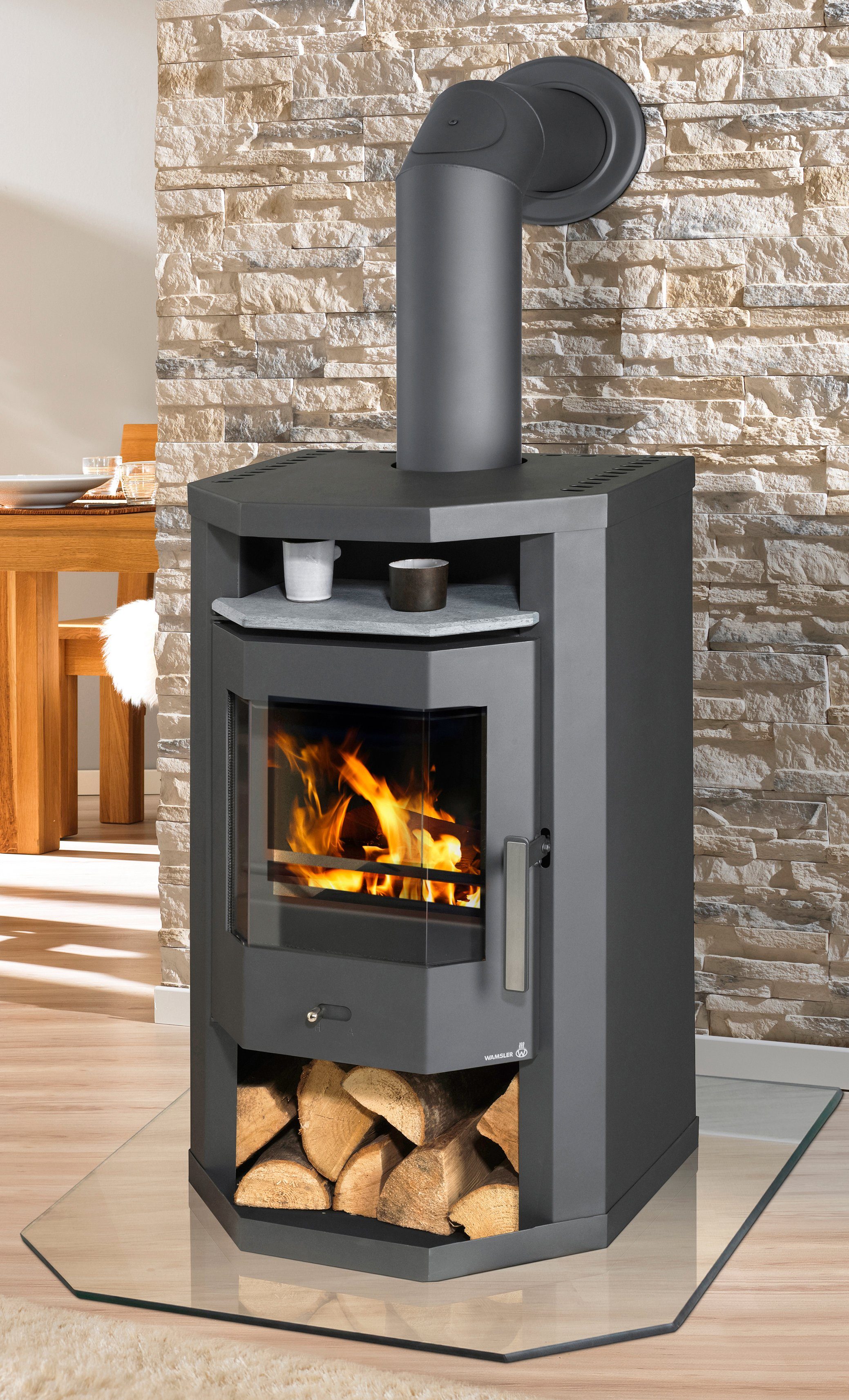 WAMSLER Kaminofen »Zürich«, Stahl, 6 kW, Kamin mit Tee und Holzfach