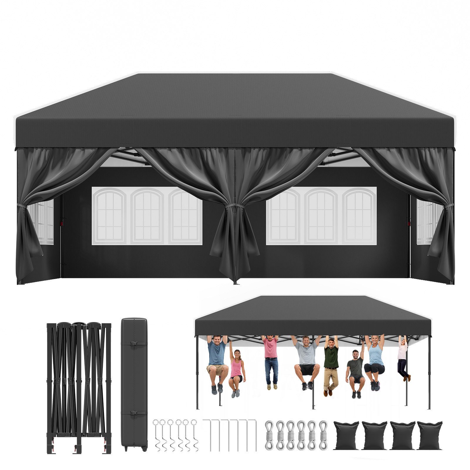 GUNJI Faltpavillon 3x3/3x4.5/3x6m Gartenpavillon mit 4 seitenteilen wasserdicht UV-Schutz, (Partyzelt höhenverstellbarer für Garten Camping), mit Tragetasche & Sandsäcken, pavillon winterfest und wasserdicht