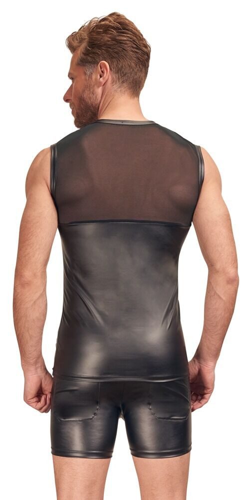 NEK Muskelshirt Ärmelloses Shirt halb transparent halb Mattlook - schwarz (1-tlg) Front mit aufgestepptem Brust-Harness
