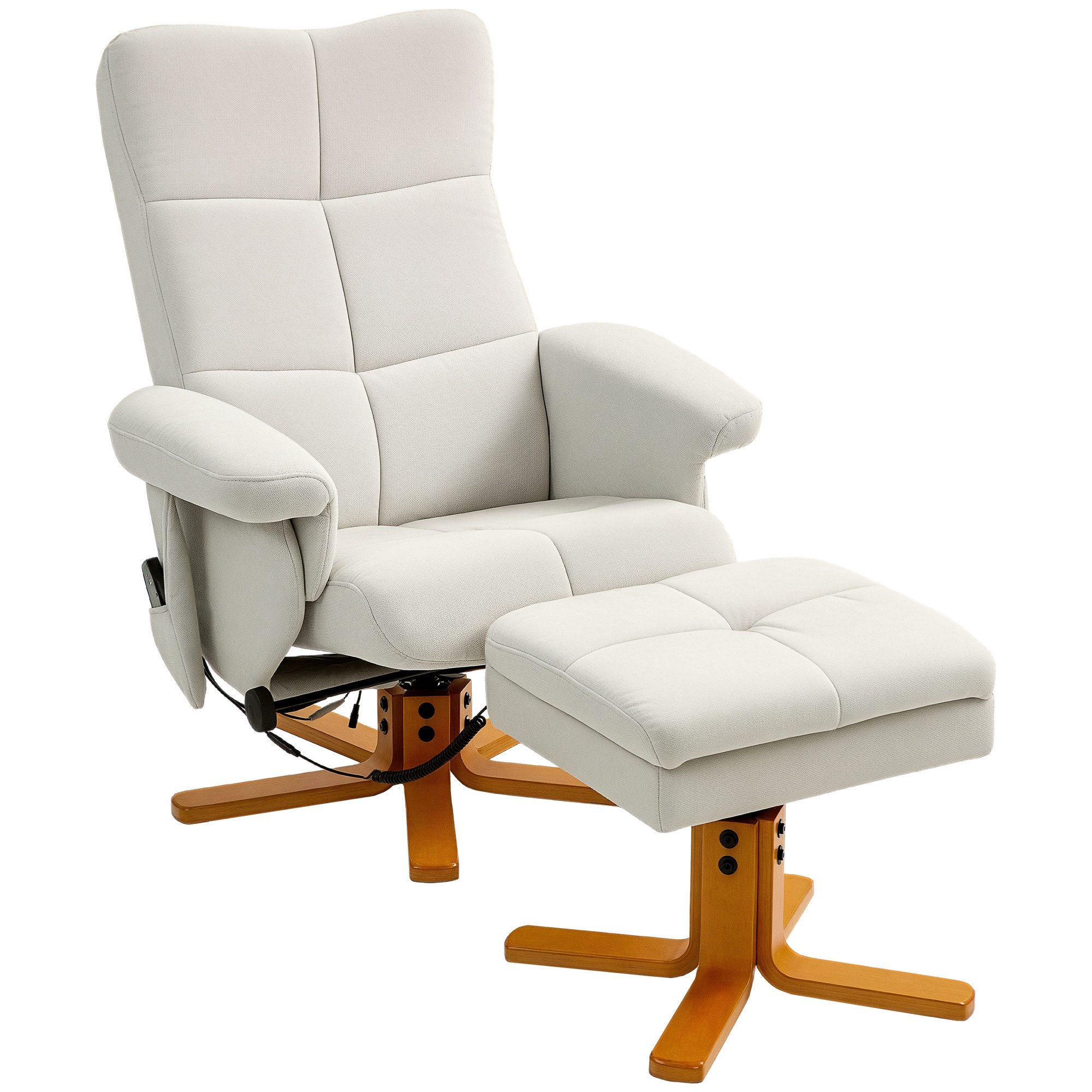HOMCOM Massagesessel mit Hocker, Seitentasche, Stauraum, Liegefunktion 360° drehbar (Relaxsessel, 1-St., Fernsehsessel), Kunstleder 80 x 86 x 99cm Cremeweiß