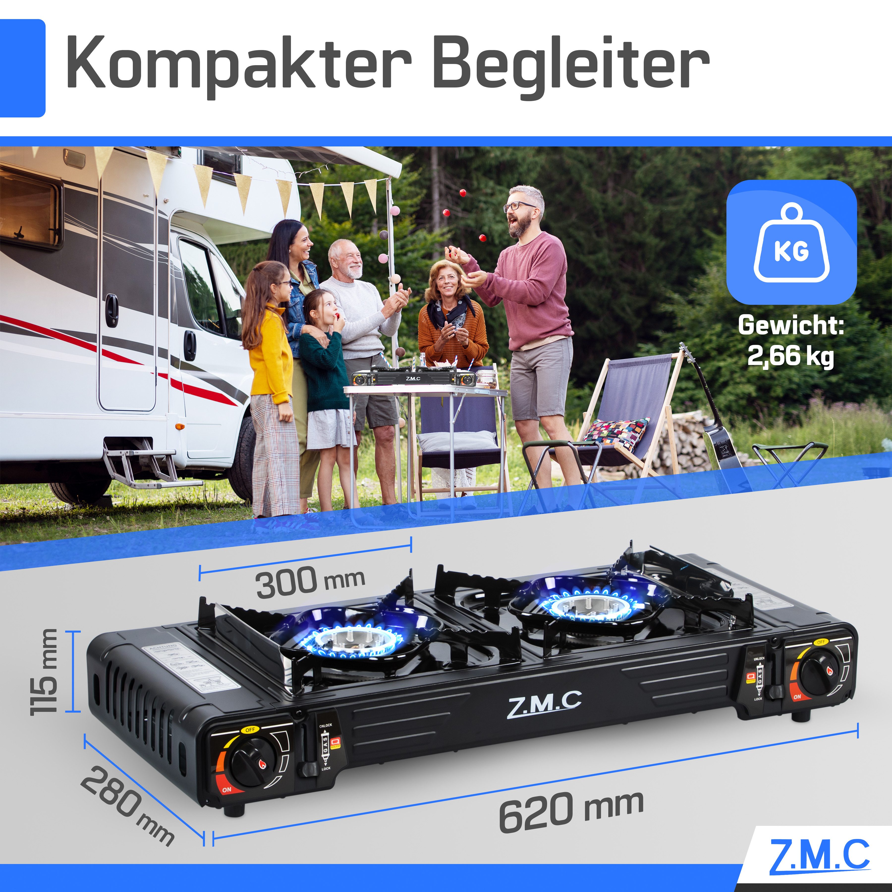 ZMC Gaskocher PREMIUM 2 flammig Campingkocher Gaskocher Grillplatte+4x Gaskartusche, (Grill Platte Tischgrill Doppel Gasbrenner Gasgrill Kochfeld mit Piezozündung Wärmeleistung: 2,0KW), Butan Gas 227g Gaskocher Outdoor Camping Gas Kocher Herd Butangas