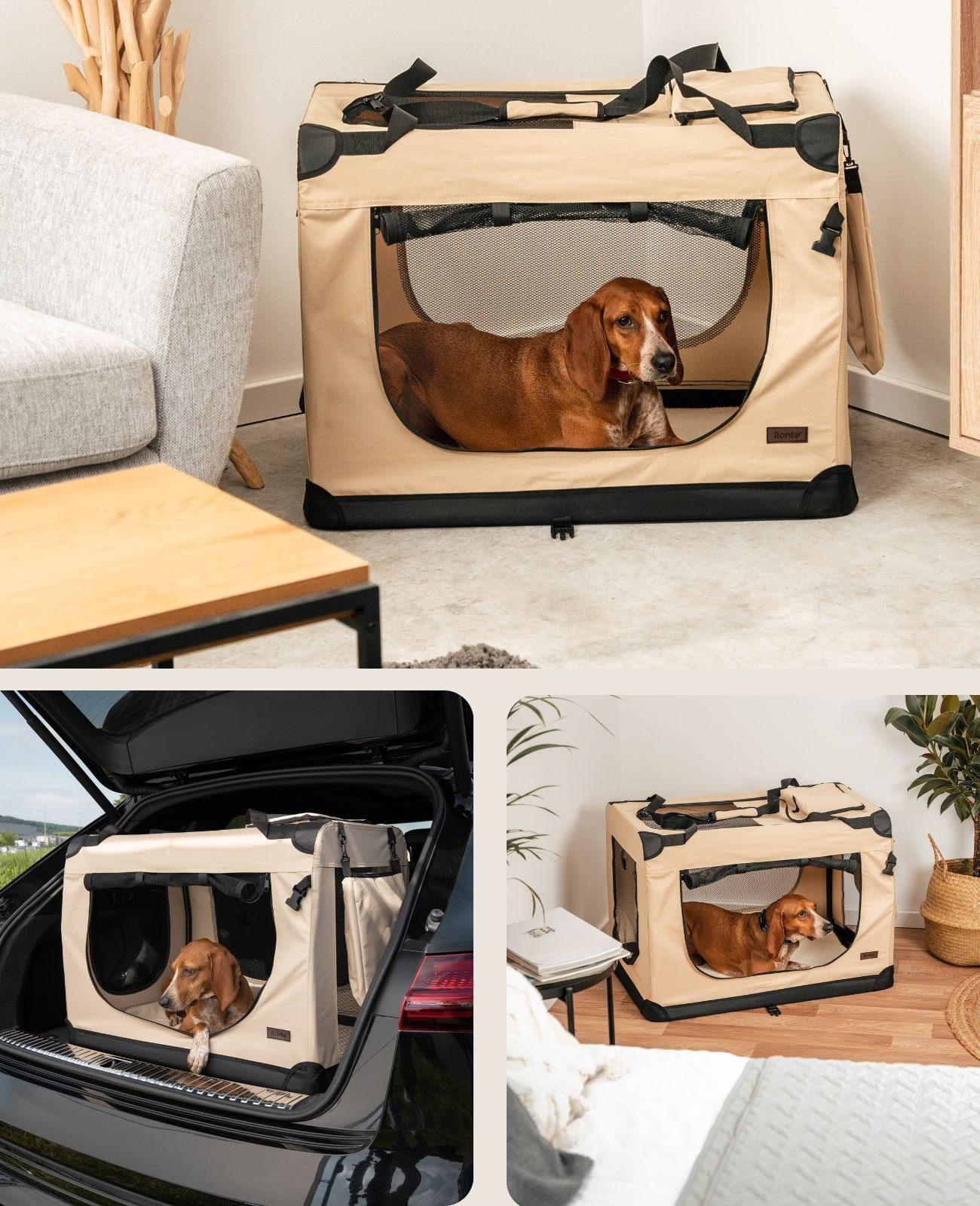 lionto Tiertransportbox stabil aus Textil, für Hunde und Katzen bis 18 kg, 82x58x58 cm, beige