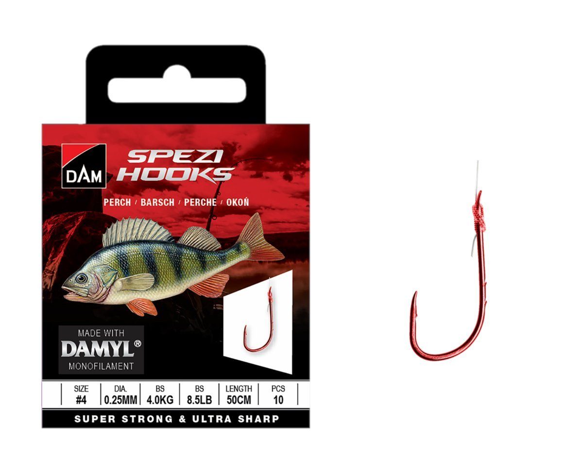 DAM Fishing Wurmhaken Vorfachhaken Spezi Perch Barsch Größen 4, 6, 8, 10, 12 Länge 50cm, (Spar-Set), Wurmhaken auch für andere Fischarten geeignet