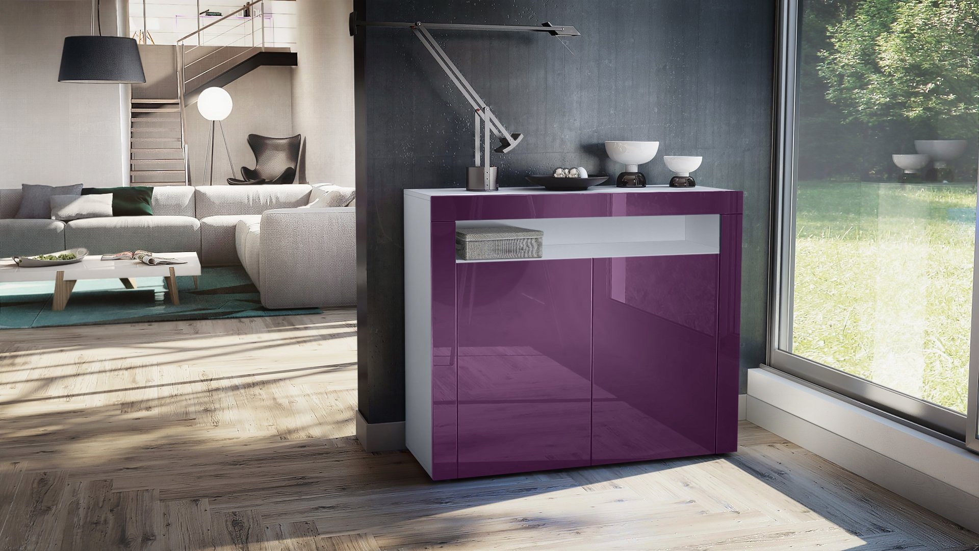 Vladon Kommode Valencia (Sideboard, mit 2 Türen und 1 offenem Fach), Weiß matt/Brombeer Hochglanz/Brombeer Hochglanz (108 x 92 x 40 cm)